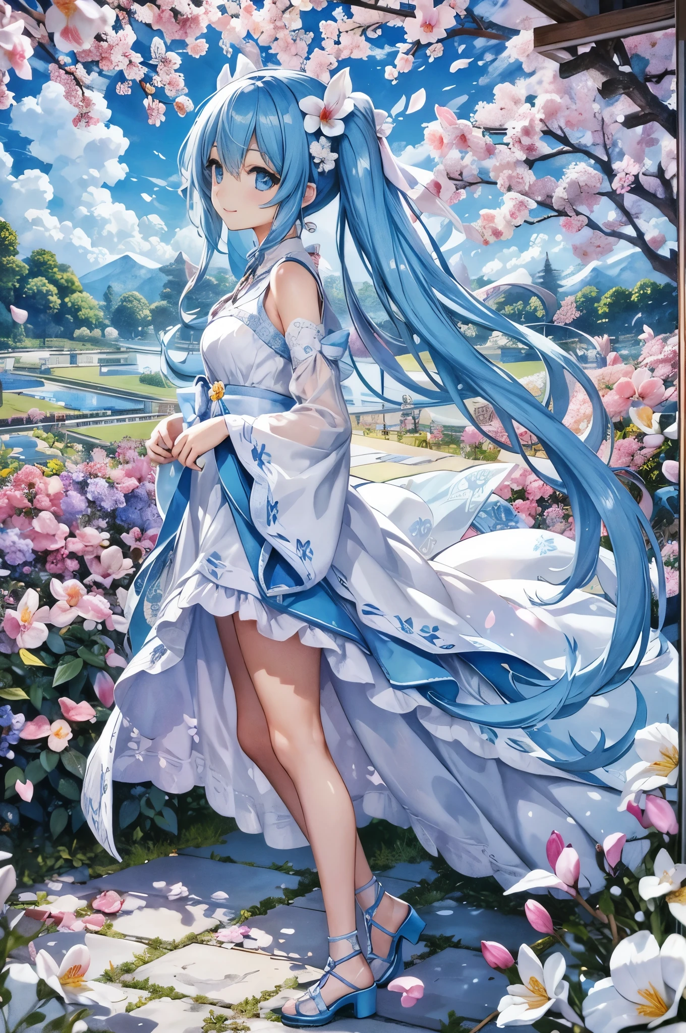 (High resolution、super detailed、nffsw、movie)、solo、1 girl、happiness、Girl Standing In Orchid Flower Garden、Girl around the petals、charming smile、Full body Esbian、Long-haired girl with blue hair、light blueの髪、twin tails、looking at the camera、fantasy、official art、pop art、profile、highly detailed face、highly detailed eyes、Cosmos Flower Garden、Ultra Detailed Fields、White blue sky、 light blue、blanche、nebula in the sky、watercolor painting、pastel colour