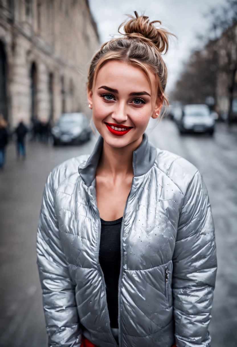 ultrarealistic high quality photo of a beautiful young tall busty european teen girl with cute face and natural blonde messy bun and beautiful embarrassed smile, realistic eyes, freckles, glossy red lips, smokey eyes makeup, wearing silver running tights and small shimmering padded jacket, full body street photography