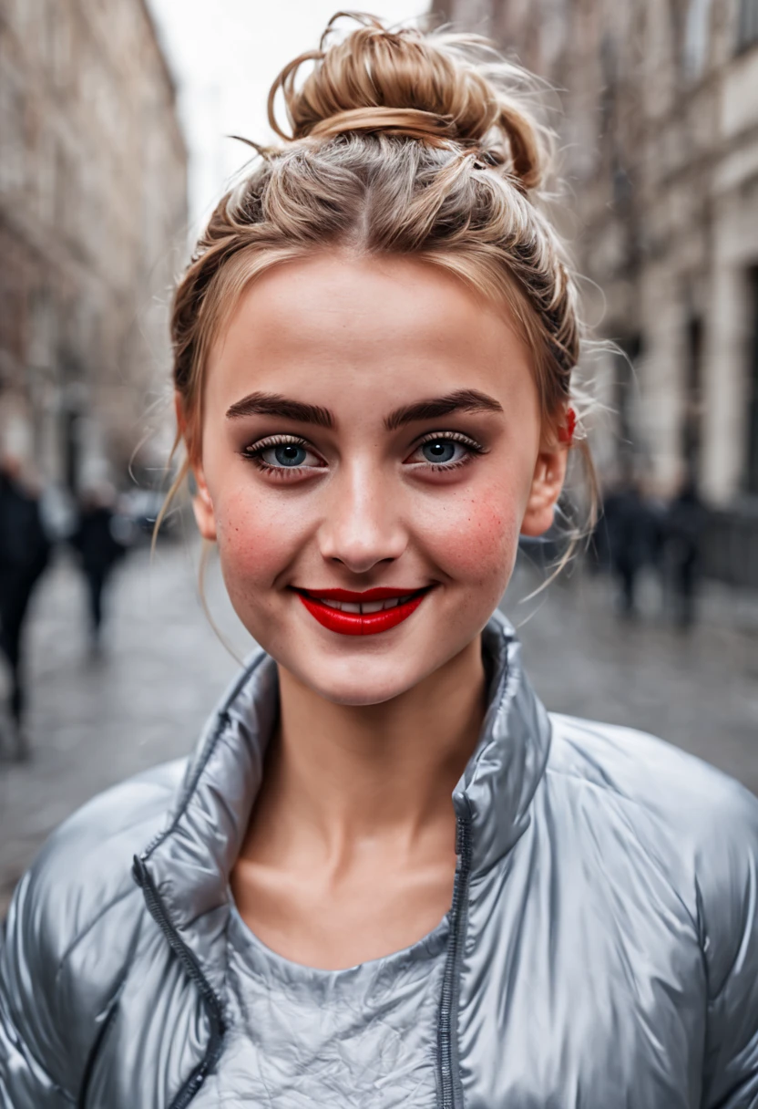 ultrarealistic high quality photo of a beautiful young tall busty european teen girl with cute face and natural blonde messy bun and beautiful embarrassed smile, realistic eyes, freckles, glossy red lips, smokey eyes makeup, wearing silver running tights and small shimmering padded jacket, full body street photography