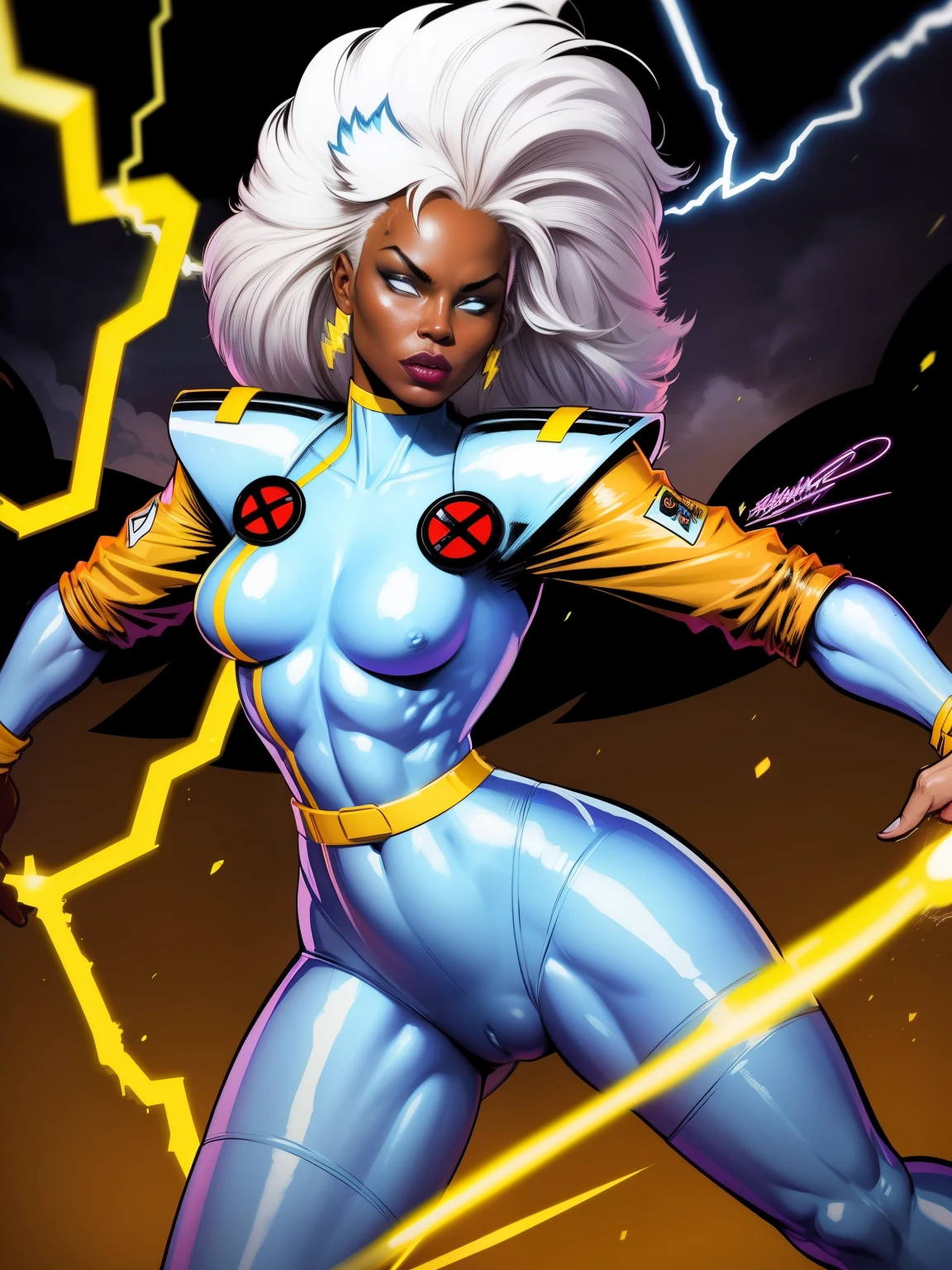 ((A comic style, cartoon art))). Storms wearing her signature outfit. 1 girl, solo, lonly, African girl, has white hair, white eyes, wears a classic X-Men Storm uniform with a cape, in dynamic epic hero pose. fire blasts of concentrated plasma energy from your hands (((slim Hot Body, camel toes))), which appears to be pulsing with power. ((cinematic thunder background)) , vivid colors, detailed, detailed face, realistic shadows and bright, glowing.