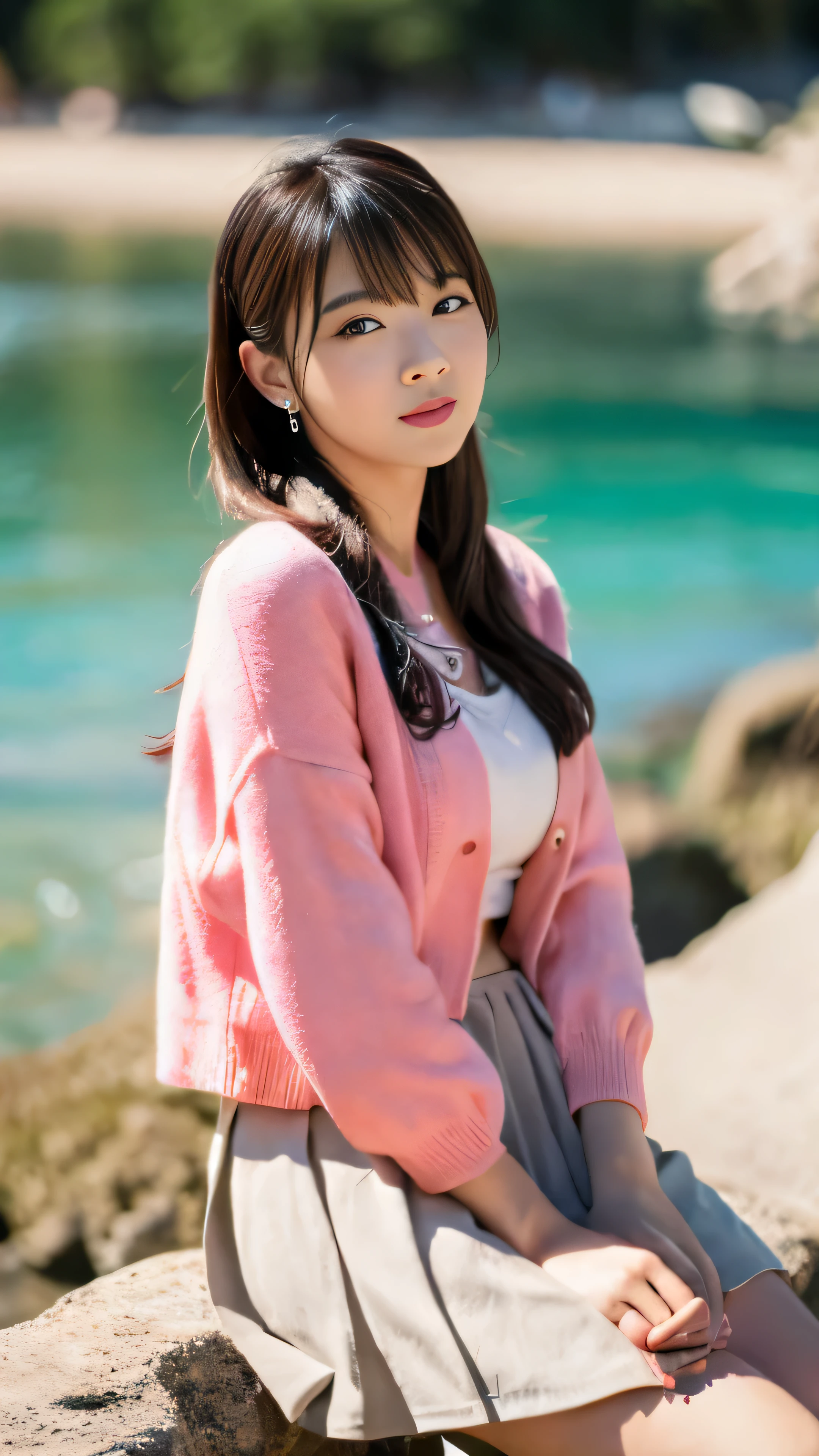 ((masterpiece))、(((Highest image quality))、((High resolution))、((High Definition CG Unity 8k Wallpapers))、solo、facial details、pink cardigan、red skirt、white shirt、outdoor、facial details、beach、栗毛全身のHigh resolution画像でカメラを見つめながら微笑んでいます　The best piece