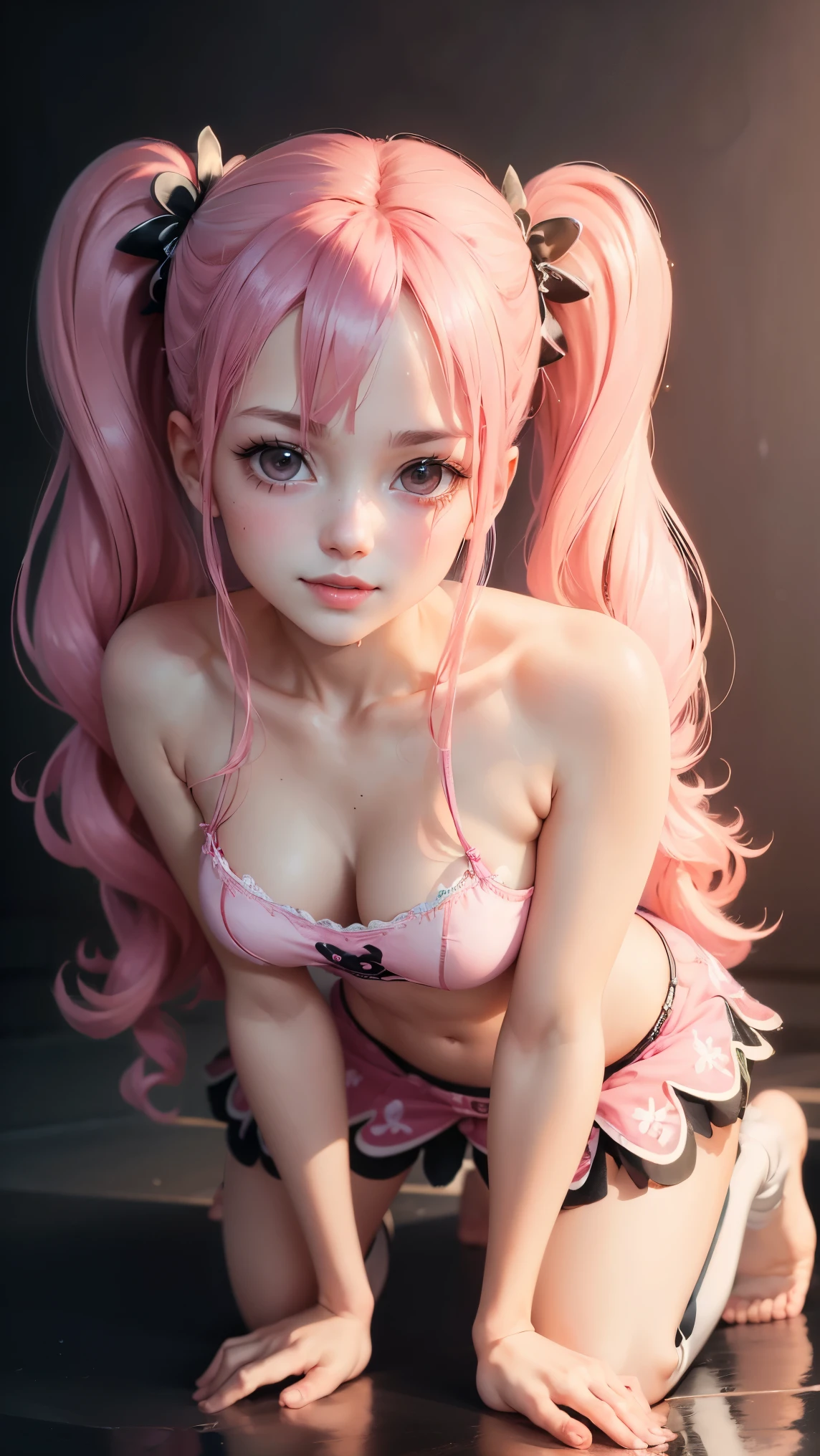 1girl,abelo rosa,fachineira,orelhas,olhos rosa,altura 1,6,corpo,anime, No quarto