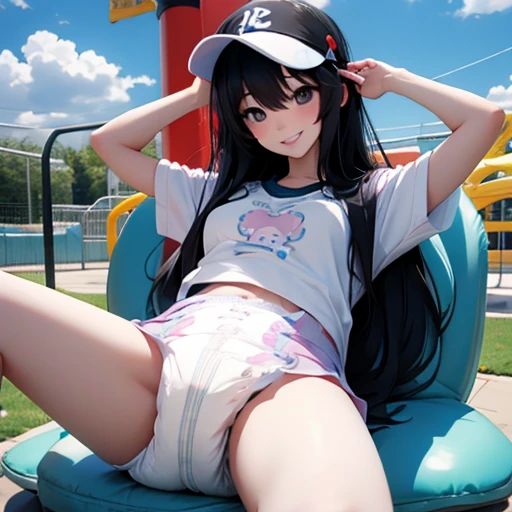 cute kpop girl, pee diaper, wet diaper, tight diaper, smile, long hair, black hair, playground, park, amusement park, realistic, 3d, photorealistic, 3d render, real, detailed