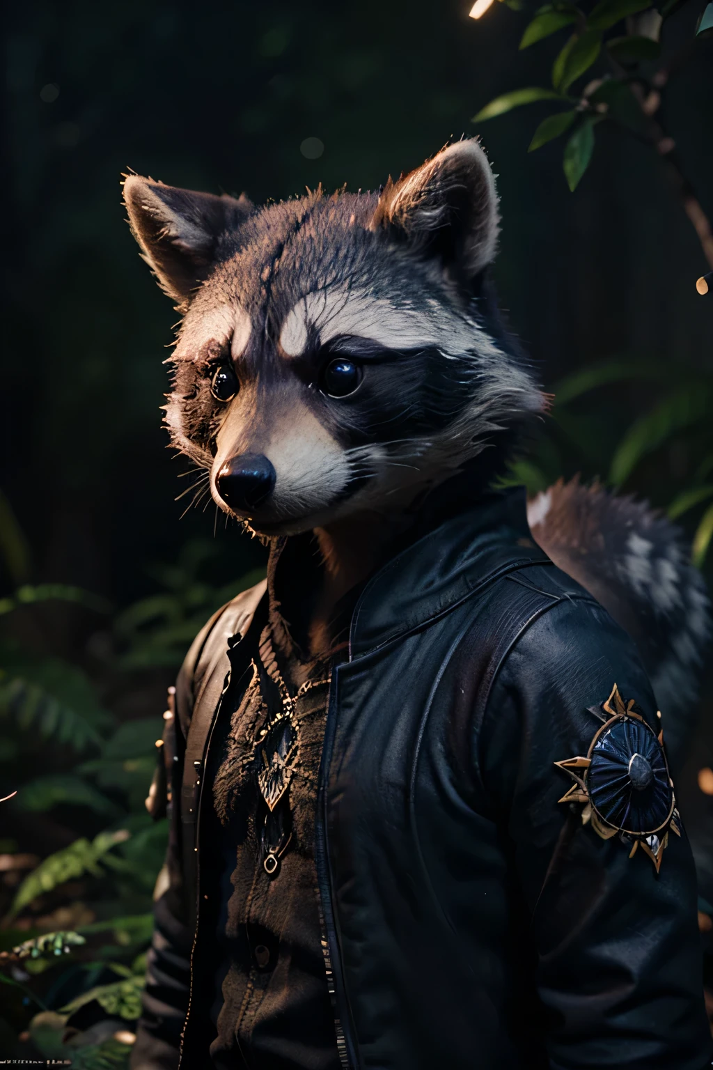 photorealistic 3D animation of an adorable eithereal raccoon, deep colors; extreme detail; fireflies everywhere: intricate motifs: night background: deep depth of field: bright dramatic lighting: craig_mullins; radial; maximalist; Ray Tracing; perfect composition
