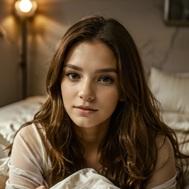 Photo of a 25-year-old European girl, raw, Beautiful woman, (Extra long wavy light brown hair), very large breats, tanned, ((Portrait)), ((Detailed face:1.2)), ((detailed facial featureinely detailed skin), pale skin, , wrapped in a sheet, Bedroom environment, Lying on the bed, (cold color), moist, moist, Reflectorasutepiece) (perfectly proportions)(photos realistic)(Best Quality) (Detailed) photographed in a Canon EOS R5, 50mm Lens, F/2.8, nffsw, (8K) (Wallpaper) (Cinematic lighting) (Dramatic Lighting) (foco nítido) (Convoluted) Fashion, From  above