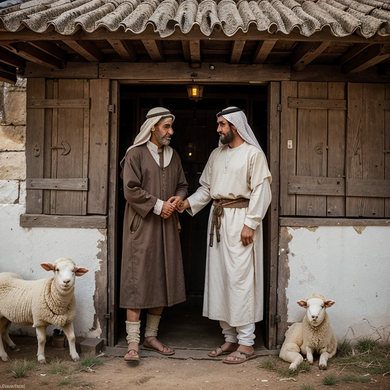 Create a photograph of two ancient Middle Eastern sheepherders at the door of a sheep pen 