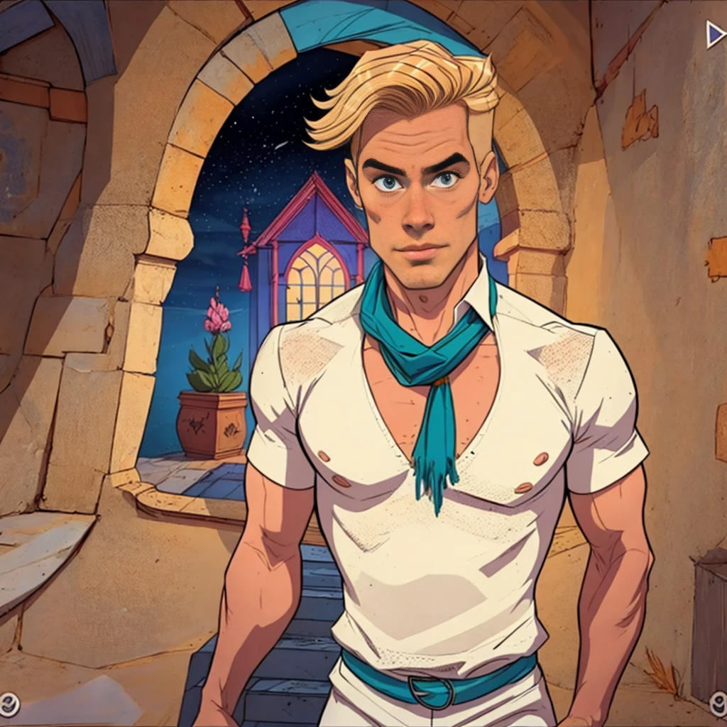 Fred Jones from Scooby-Doo, blond, white dress shirt with blue leaf, orange scarf around the neck, dark ambient, misterious ambient,1 boy, solo boy, bold