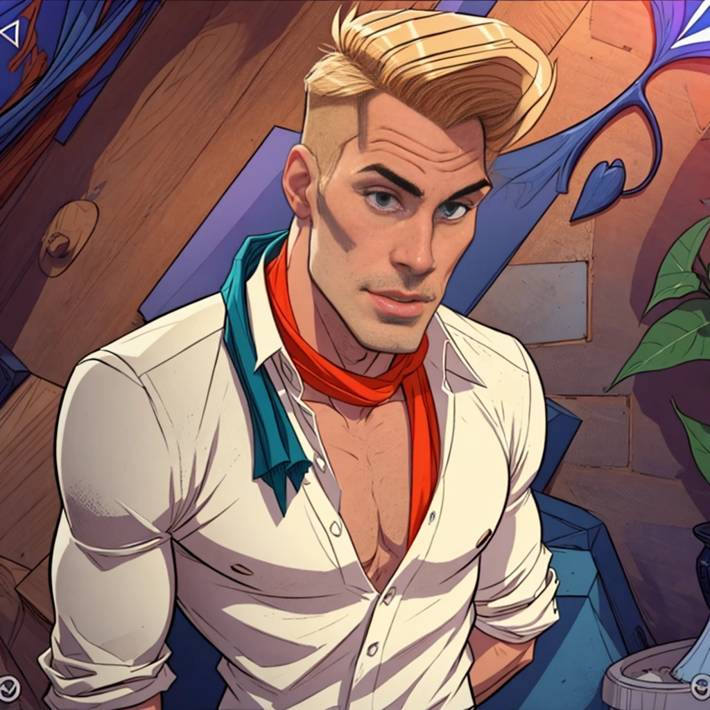 Fred Jones from Scooby-Doo, blond, white dress shirt with blue leaf, orange scarf around the neck, dark ambient, misterious ambient,1 boy, solo boy, bold