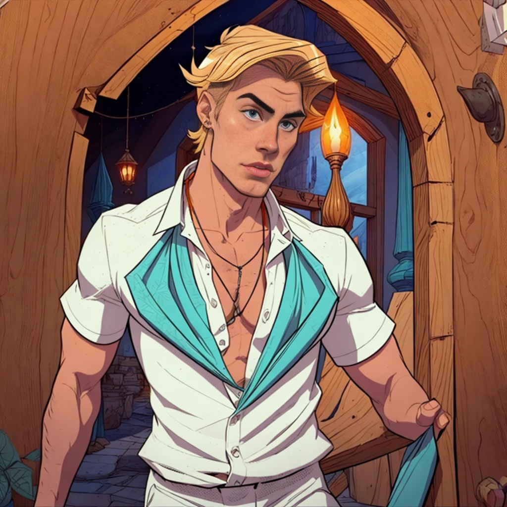 Fred Jones from Scooby-Doo, blond, white dress shirt with blue leaf, orange scarf around the neck, dark ambient, misterious ambient,1 boy, solo boy, bold 