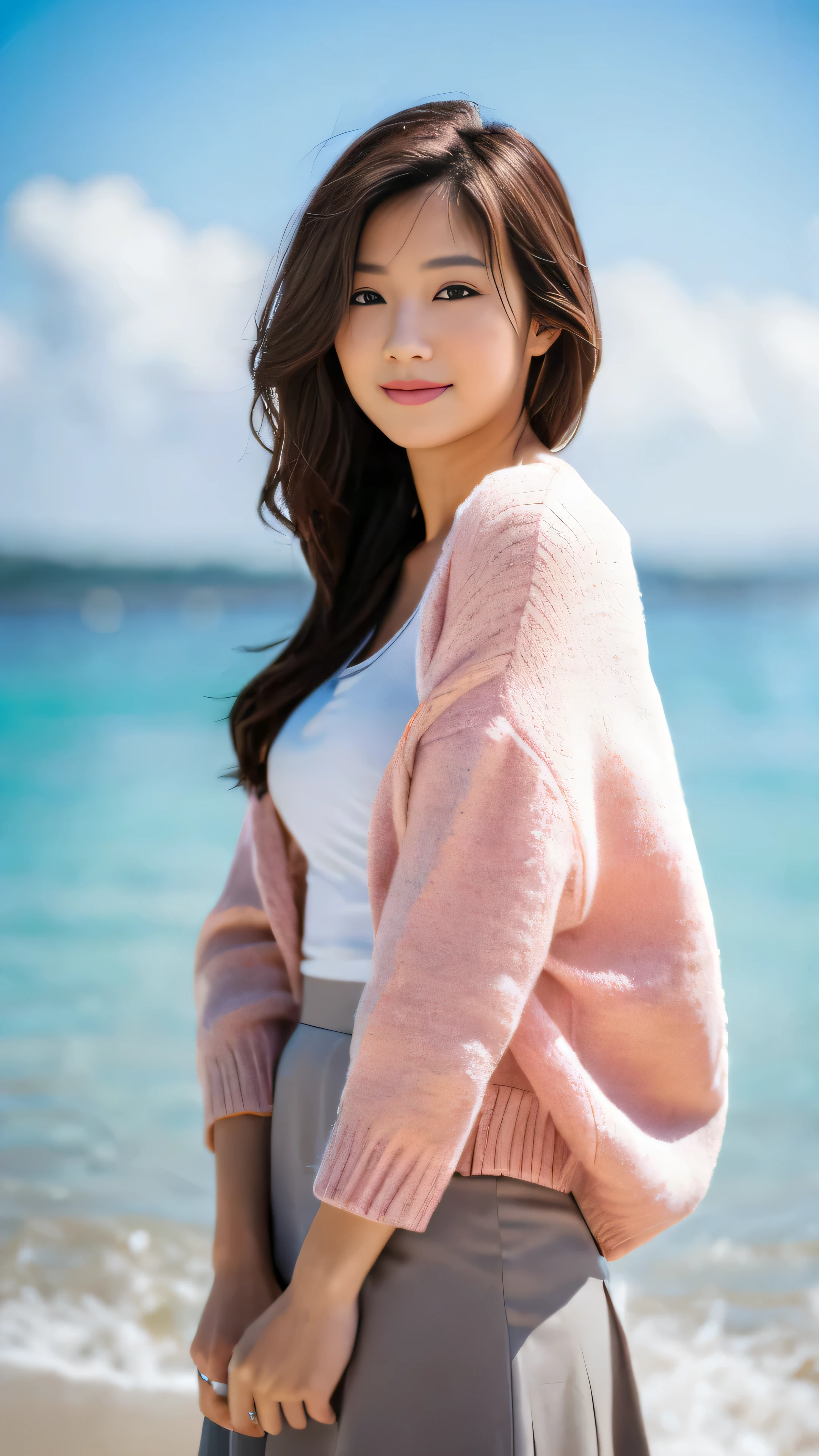 ((masterpiece))、(((Highest image quality))、((High resolution))、((High Definition CG Unity 8k Wallpapers))、solo、facial details、pink cardigan、red skirt、white shirt、outdoor、facial details、beach、栗毛全身のHigh resolution画像でカメラを見つめながら微笑んでいます　The best piece