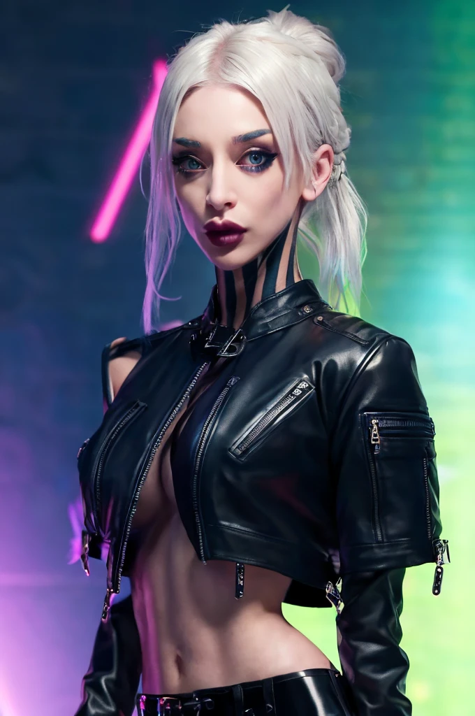 An ultra-realistic CG illustration of  katopunk as gothgirl waifu, (((perfect anime eyes, detailed eyes))), solo, piercing gaze and bold makeup,  wearing a leather jacket with a crop top, and her hair is styled in a sleek updo.