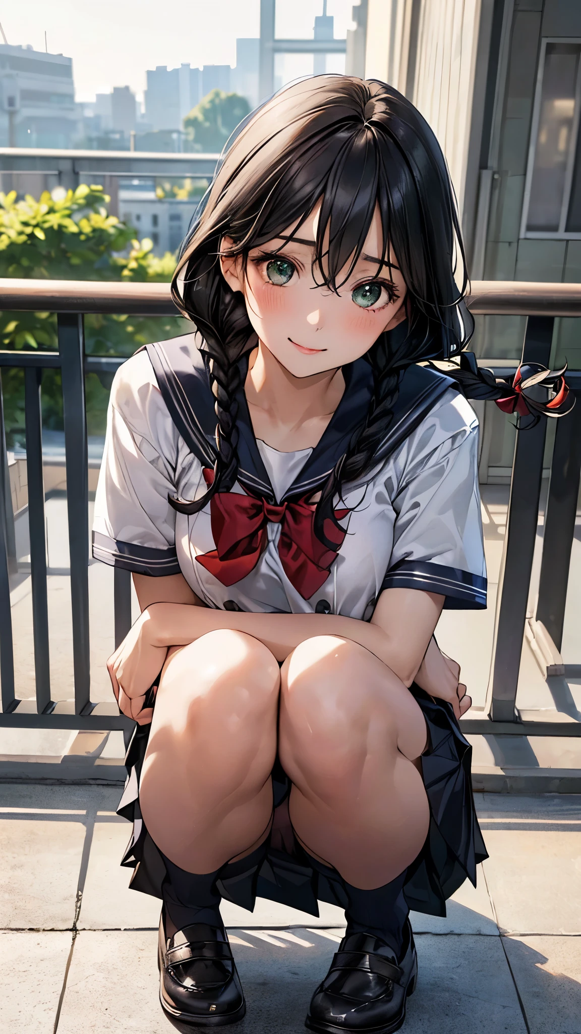 (masterpiece:1.2, top-quality), (realistic, photorealistic:1.4), beautiful illustration, (natural side lighting, movie lighting), nsfw,
looking at viewer, panty shot, front view:0.6, 1 girl, japanese, high school girl, perfect face, cute and symmetrical face, shiny skin,
(middle hair:1.4, twin braids:1.2, black hair), hair between eyes:1.4, big eyes, emerald green eyes, drooping eyes, long eye lasher, (large breasts:0.6),
beautiful hair, beautiful face, beautiful detailed eyes, beautiful clavicle, beautiful body, beautiful chest, beautiful thighs, beautiful legs,
((symmetrical clothing, detailed cloth texture, short sleeves cute sailor suit, pleated skirt, red bow tie)), black socks,
(beautiful scenery), morning, school rooftop, squatting, (lovely smile, upper eyes),