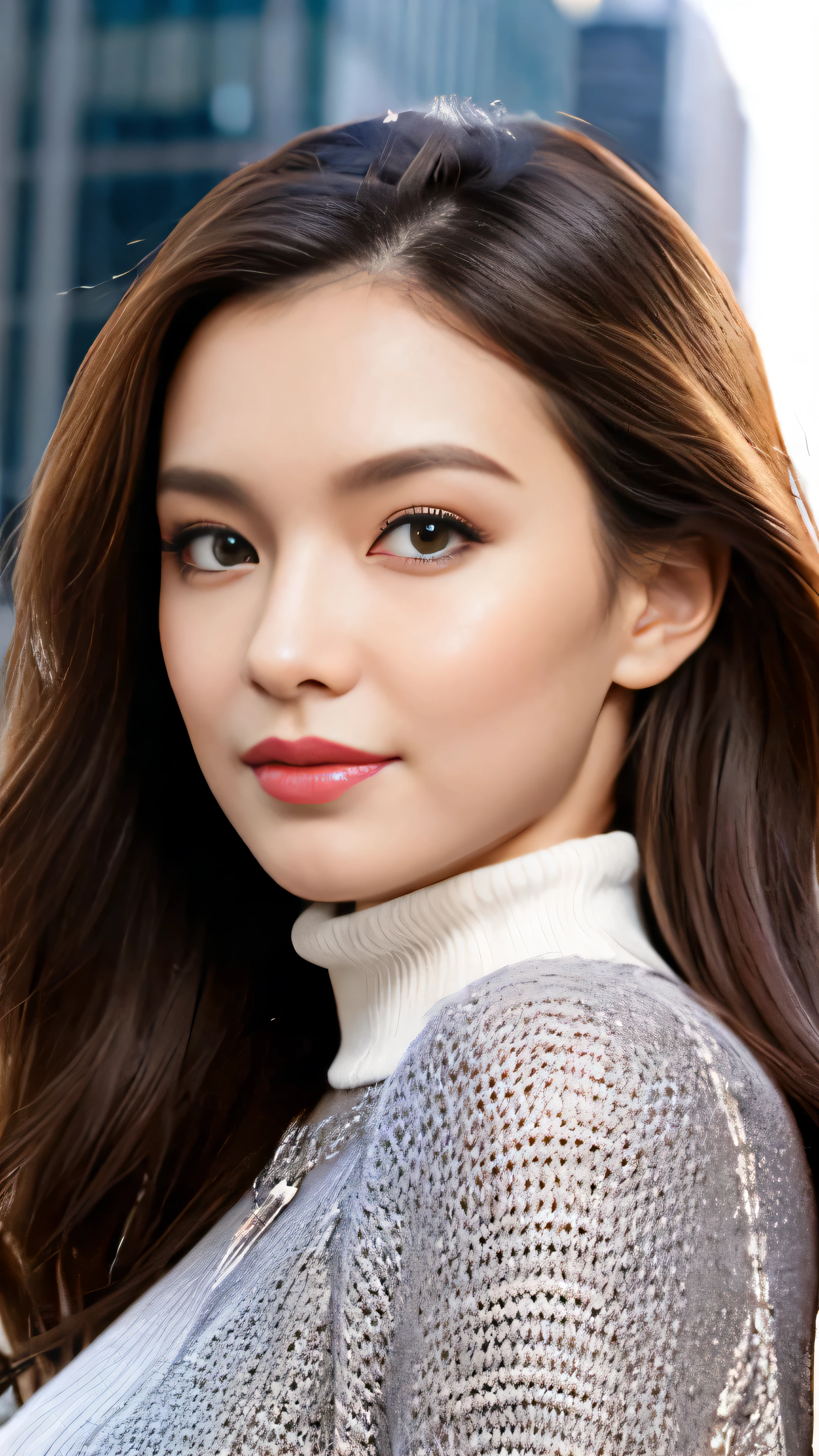 High-definition images、Woman with wavy chestnut hair and purple eyes、white futuristic armor、blush、eye shadow、cute face details、Full body high-definition engraving、facial details，Futuristic cityscape