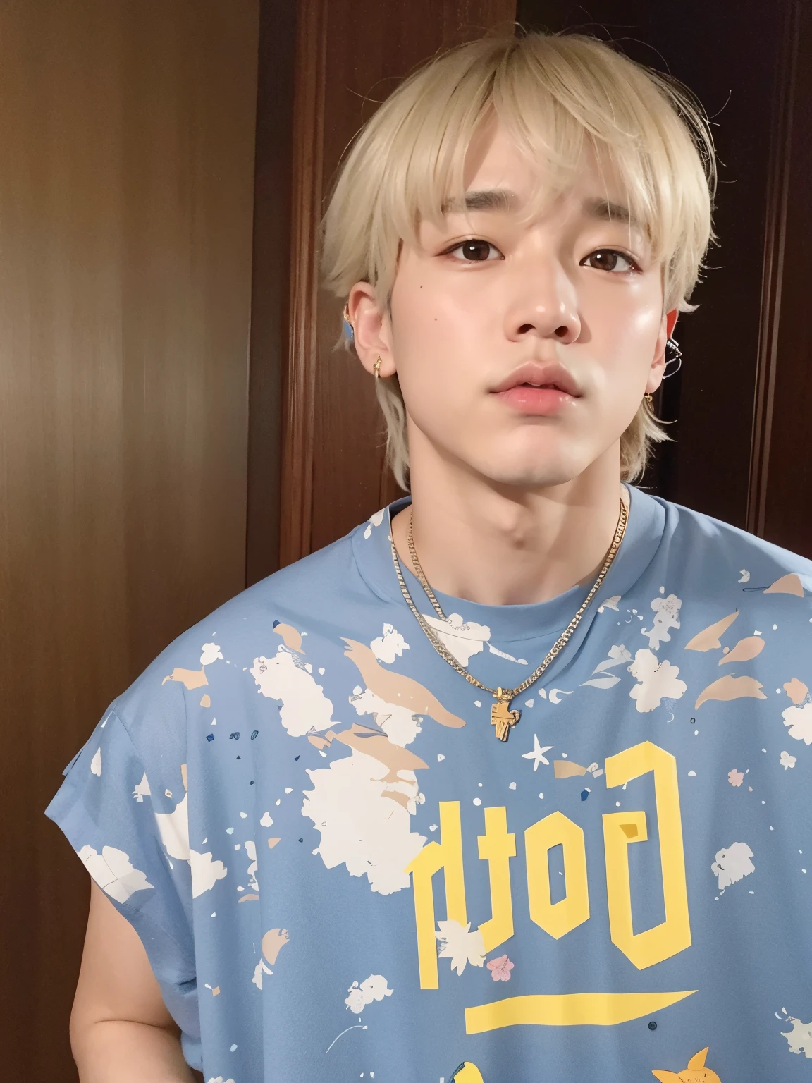 Menino de cabelos loiros vestindo uma camisa azul e uma corrente, hyung tae, Jungkook, cai xukun, Taehyung comendo batatas fritas Gucci, park Jimin, Jimin, Kim Doyoung, Hong junho hyung, Jimin\the right eyelid is swollen, Jimin\the full lips, inspirado em Bian Shoumin, taejune kim, Jinyoung Shin, accurate Jimin face