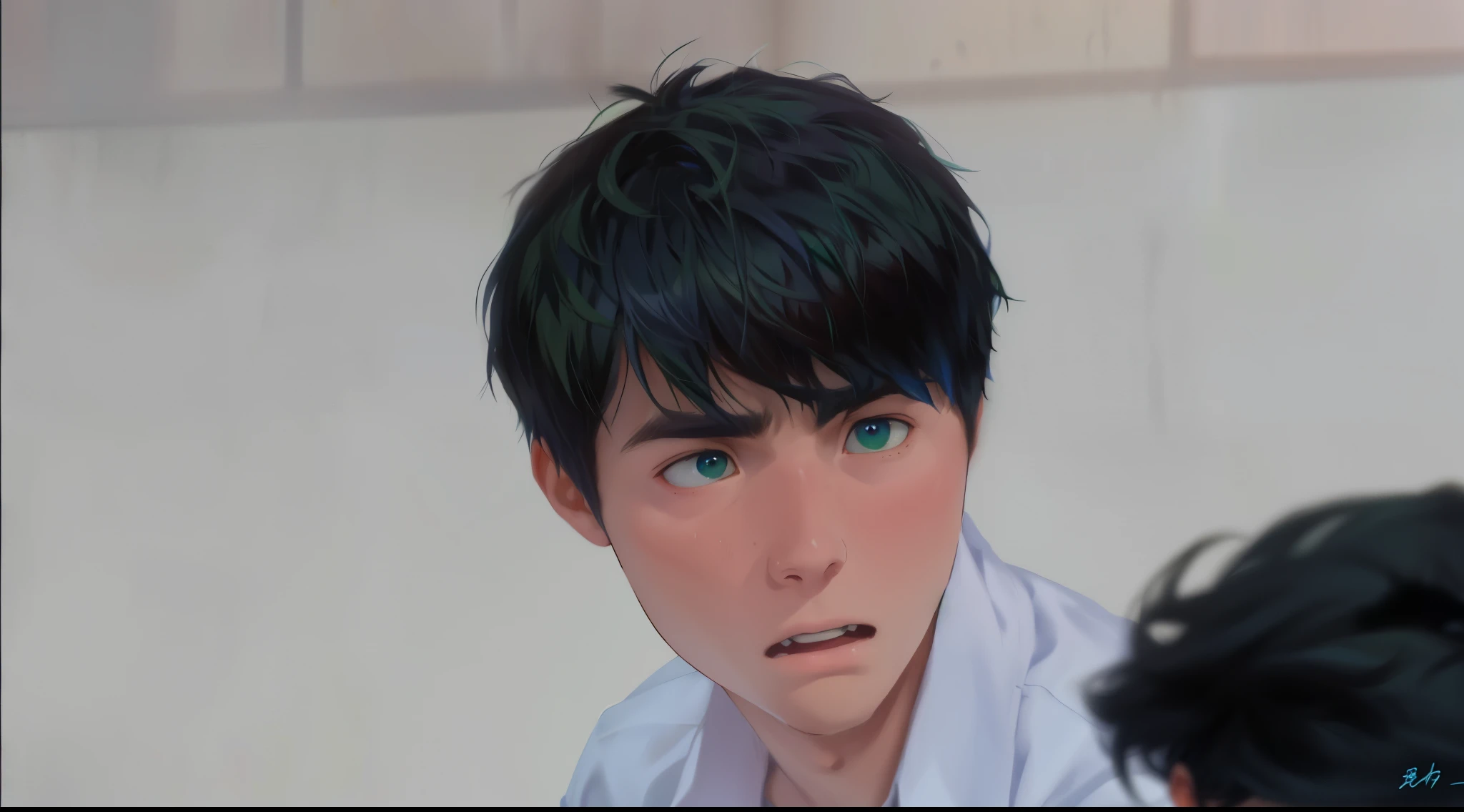 -yeld boith dark green hair and a blue shirt is surprised, scared and looks fearfully at his friend 