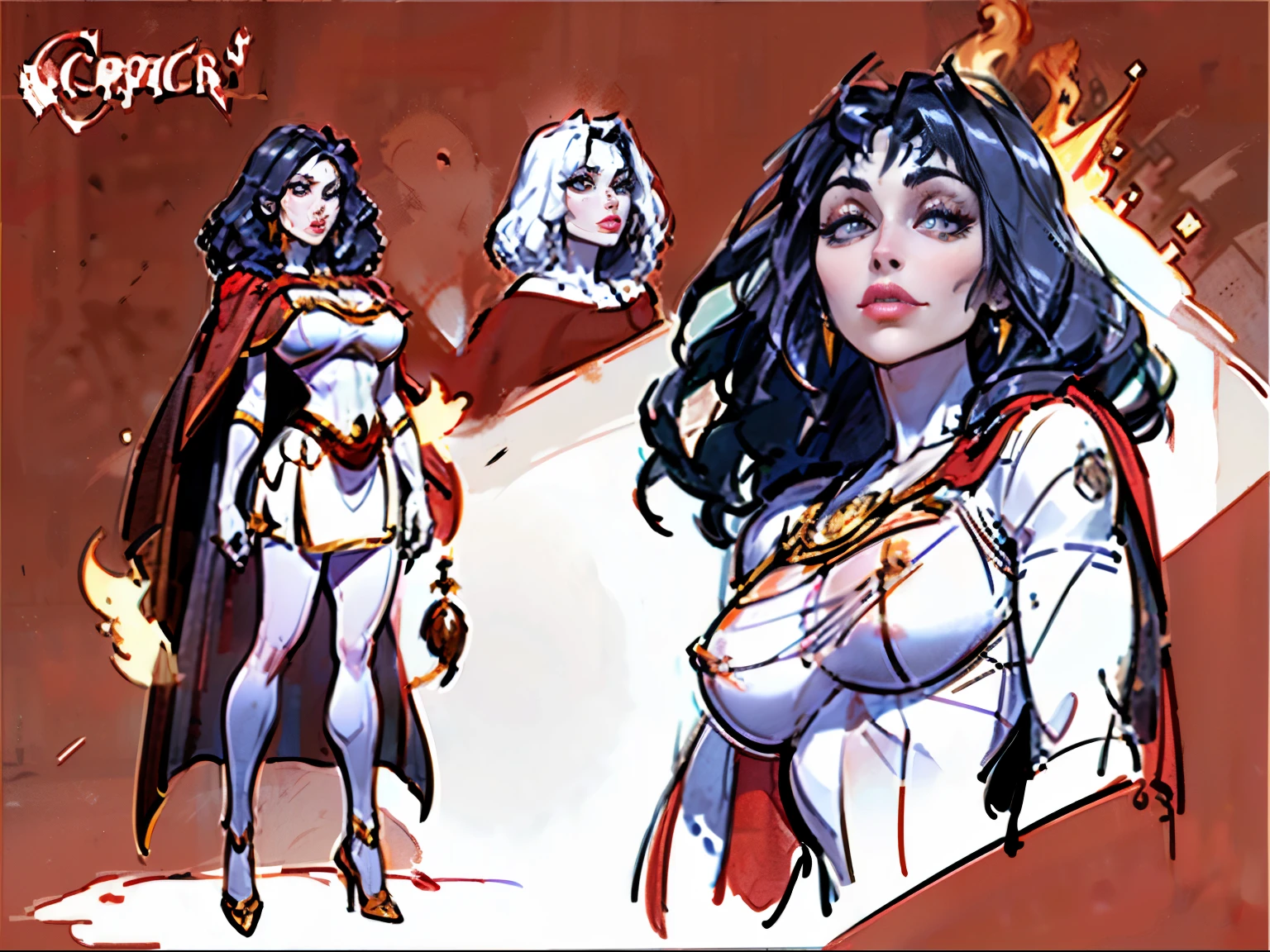 ((masterpiece)),(((best quality))),((character design sheet)), illustration,1woman, environment Scene change,  muscular, (white skin:1.4), ((mother Gothel)), red legs, thick legs, (royalty cape:1.5), scribbles and marks, fire, ((detailed face:1.1)), rough sketches, pose too, red and black color palette, 8k,16k, (simple background, light background: 1.3)