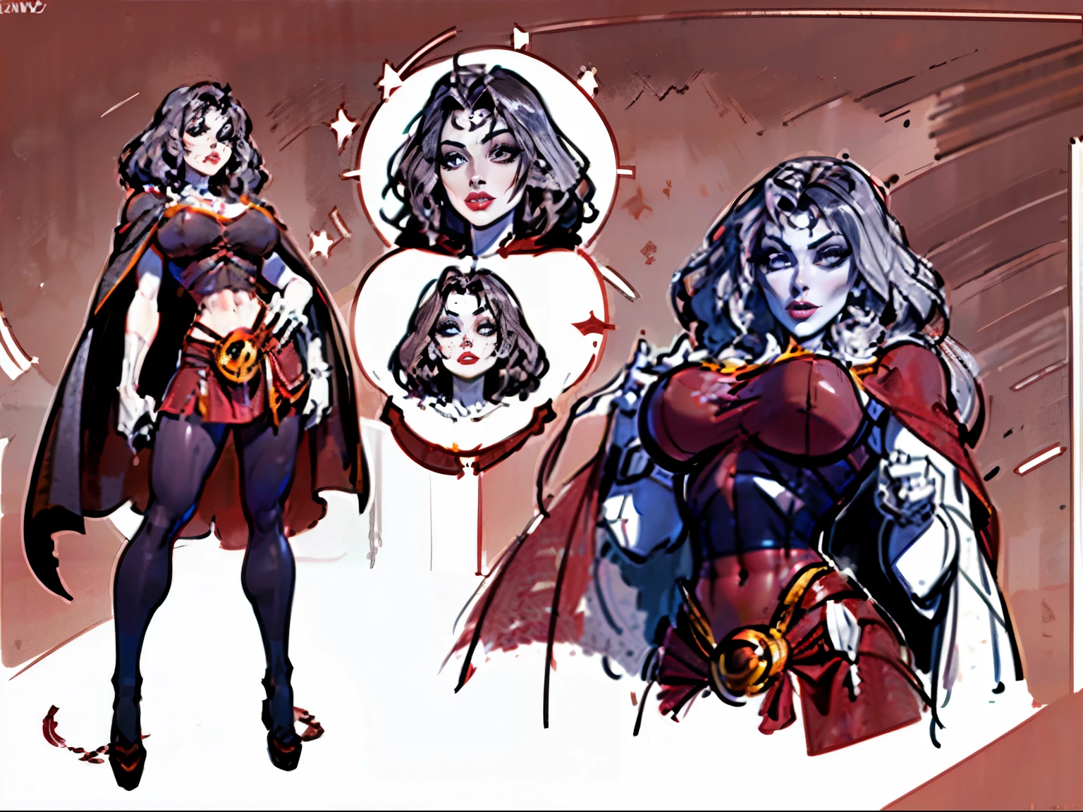 ((masterpiece)),(((best quality))),((character design sheet)), illustration,1woman, environment Scene change,  muscular, (white skin:1.4), ((mother Gothel)), red legs, thick legs, (royalty cape:1.5), scribbles and marks, fire, ((detailed face:1.1)), rough sketches, pose too, red and black color palette, 8k,16k, (simple background, light background: 1.3)