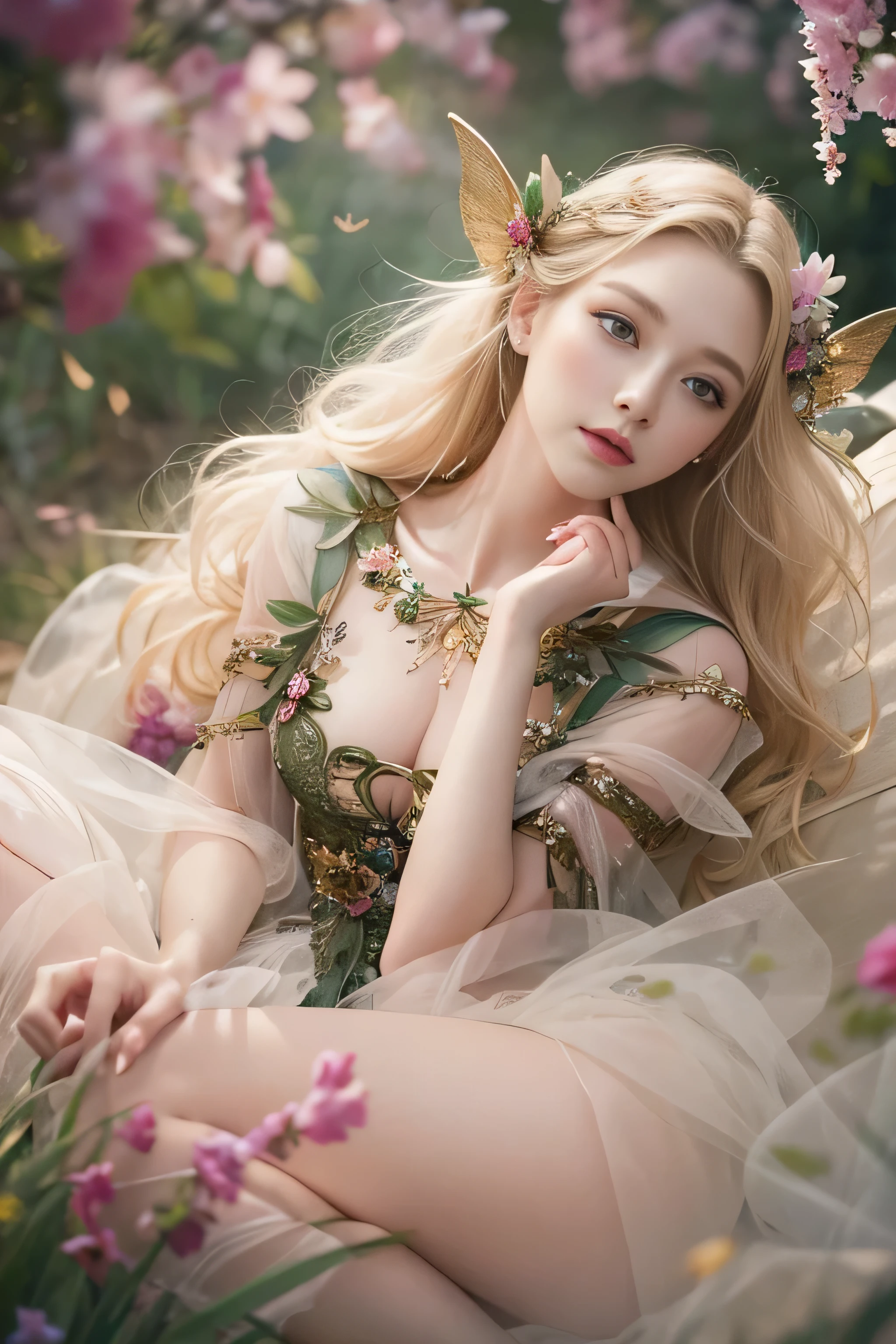 highest quality、High resolution、Super detailed、masterpiece、(Live shooting:1.5)、genuine:1.5、photogenuineistic:1.5、very delicate and beautiful、small details、(european:1.5)、(spread your legs:1.5)、Elegant and beautiful fairy portrait、She is in harmony with nature、beautiful like a fairy、Clear, glowing skin、emerald green eyes、(delicate and soft blonde hair)、light, Feather-like hair ornaments and accessories、Elegant and flowing fairy-like costume、A background that blends in with nature