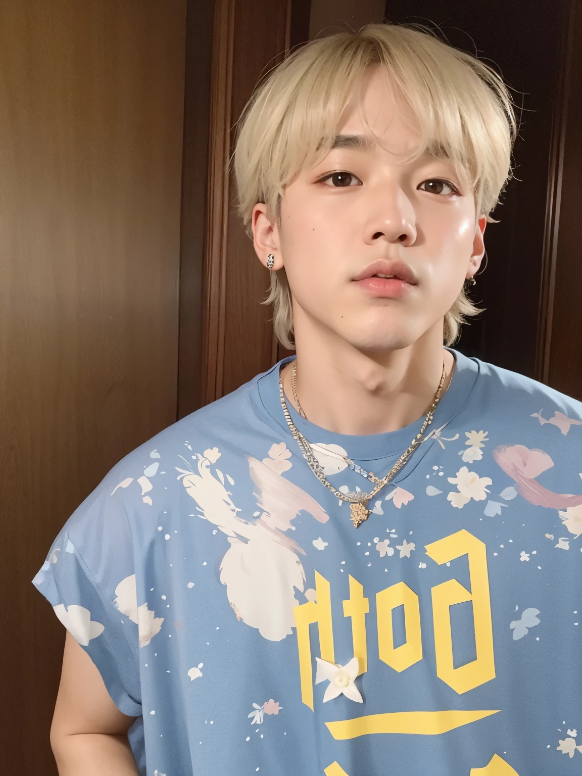 Menino de cabelos loiros vestindo uma camisa azul e uma corrente, hyung tae, Jungkook, cai xukun, Taehyung comendo batatas fritas Gucci, park Jimin, Jimin, Kim Doyoung, Hong junho hyung, Jimin\the right eyelid is swollen, Jimin\the full lips, inspirado em Bian Shoumin, taejune kim, Jinyoung Shin, accurate Jimin face