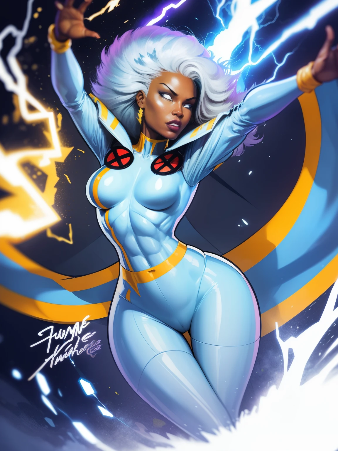 ((A comic style, cartoon art))). Storms wearing her signature outfit. 1 girl, solo, lonly, African girl, has white hair, white eyes, wears a classic X-Men Storm uniform with a cape, in dynamic epic hero pose. fire blasts of concentrated plasma energy from your hands (((slim Hot Body, camel toes))), which appears to be pulsing with power. ((cinematic thunder background)) , vivid colors, detailed, detailed face, realistic shadows and bright, glowing.