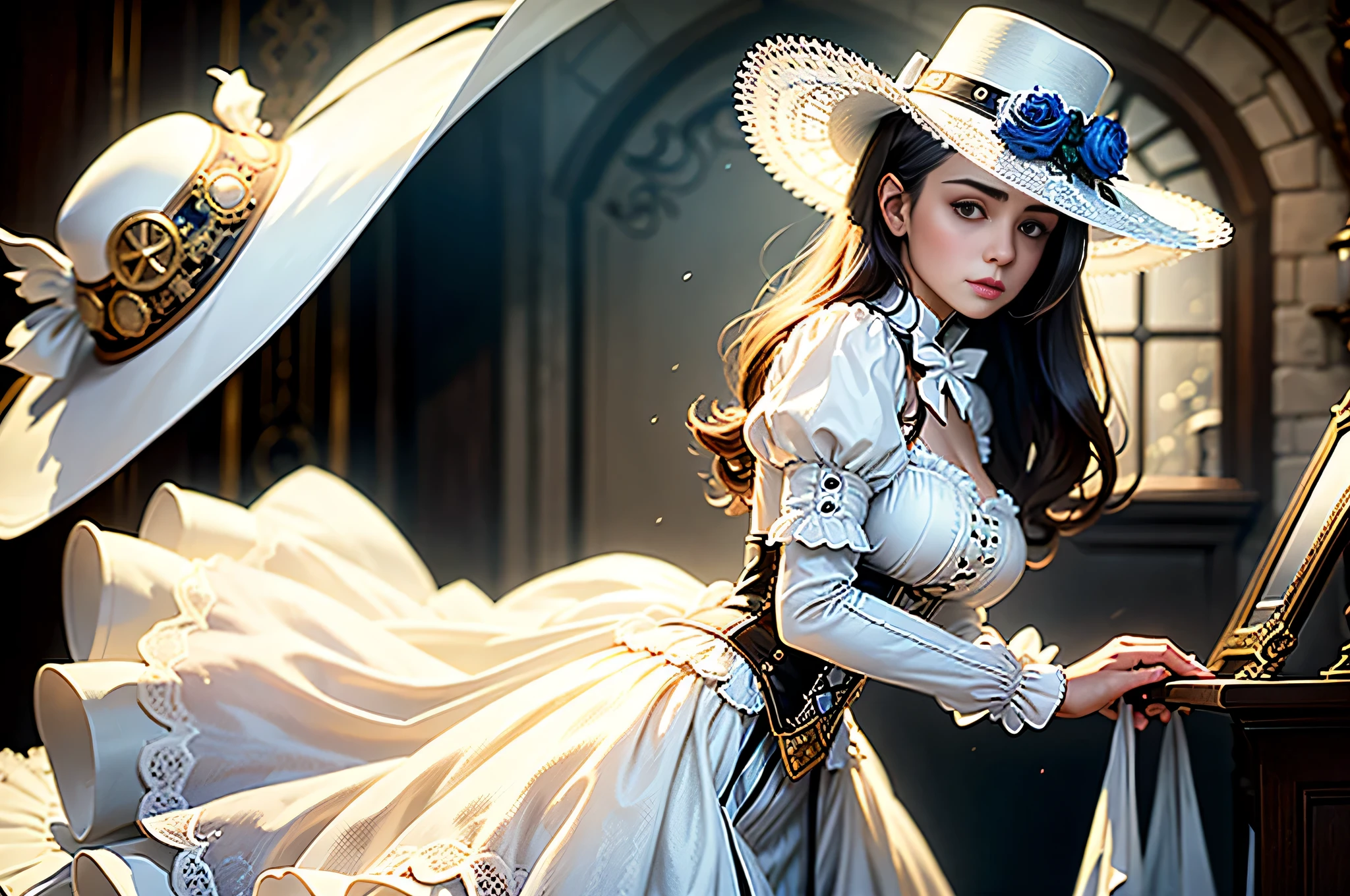 All intricate details: "(21 year old woman in white Victorian hat: de Copa Steampunk)"