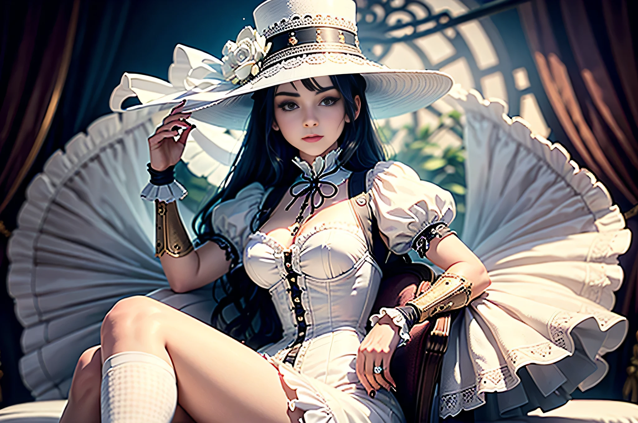 All intricate details: "(21 year old woman in white Victorian hat: de Copa Steampunk)"
