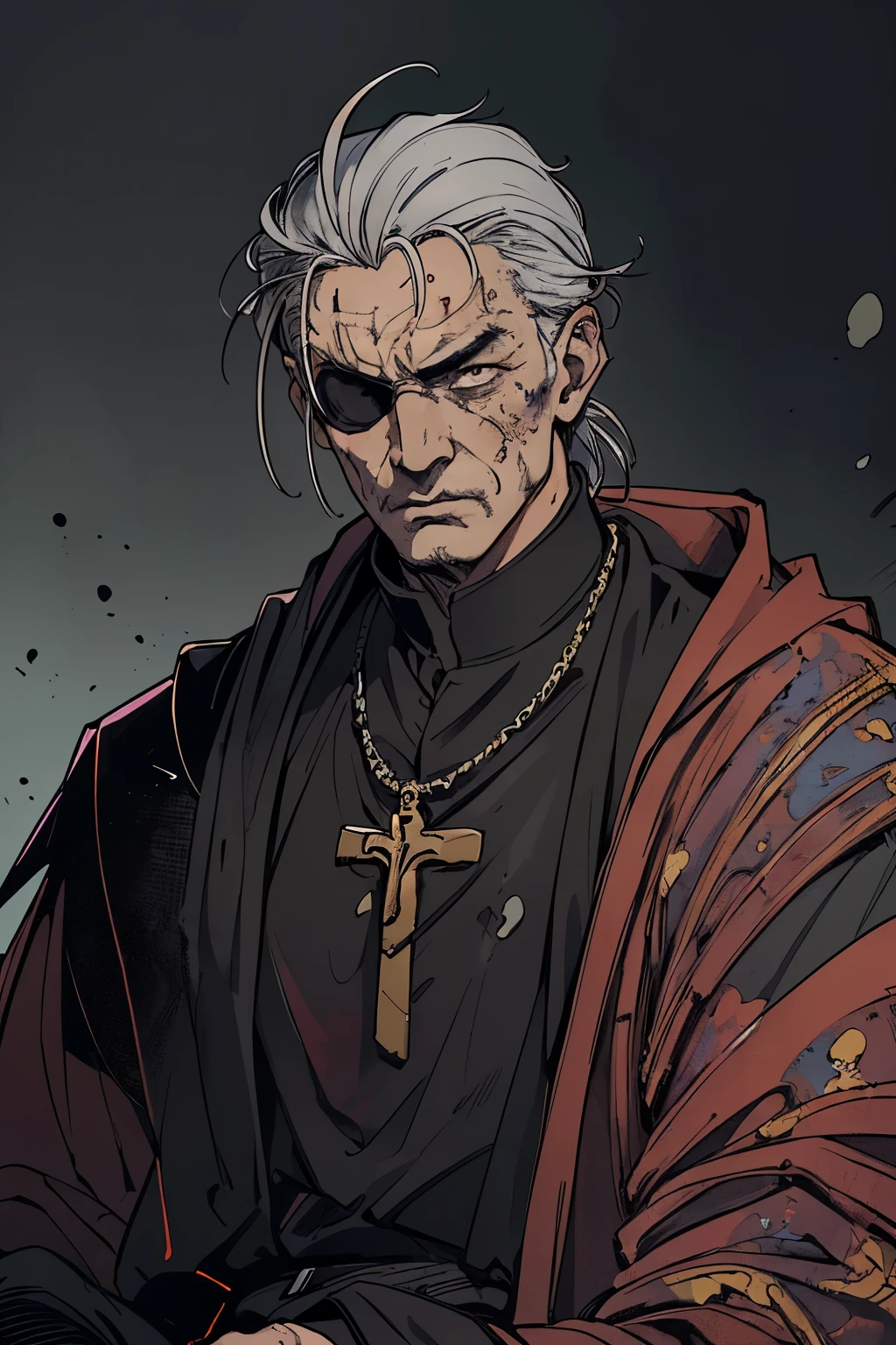 masterpiece:1.2, best quality, ultra detailed,  absurdres,  1man,male_focused, (old male) ,blood splatter,  (action shot), priest, father, black_priest_clothing, gray_hair, eye patch, in the style of  Kentaro Miura, handsome face,, fantasy, SCI-FI, masculine, muscular, serious,