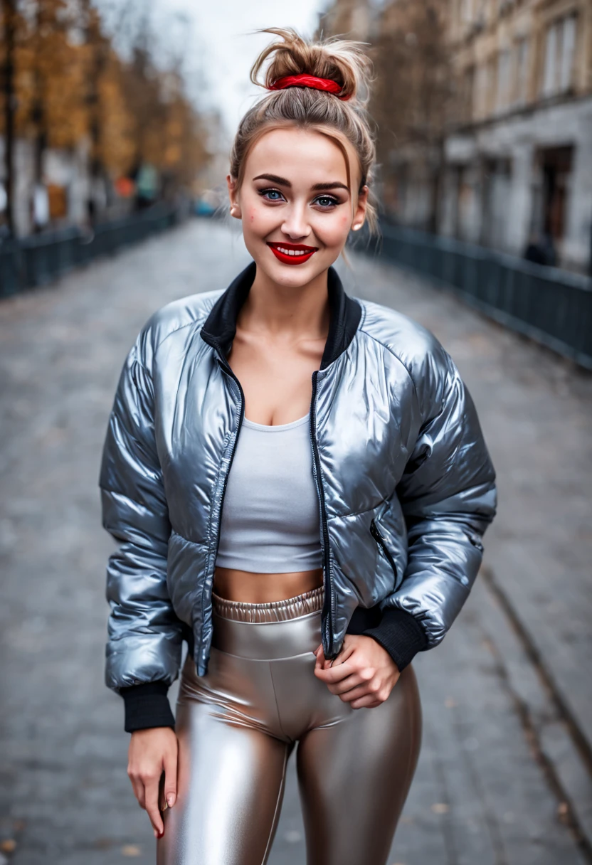 ultrarealistic high quality photo of a beautiful young tall busty european girl with cute face and natural blonde messy bun and beautiful smile, realistic eyes, freckles, glossy red lips, smokey eyes makeup, wearing metallic running tights and small shimmering padded jacket, full body street photography