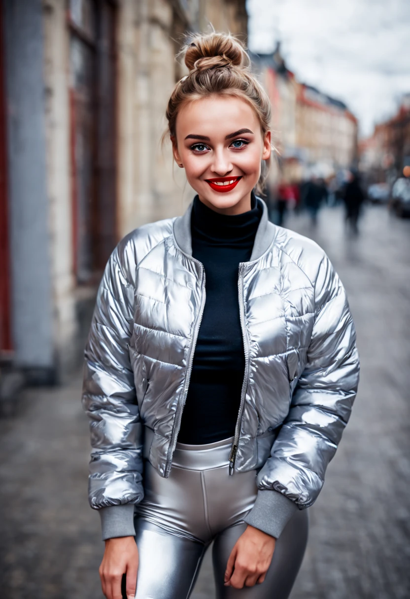 ultrarealistic high quality photo of a beautiful young tall busty european girl with cute face and natural blonde messy bun and beautiful smile, realistic eyes, freckles, glossy red lips, smokey eyes makeup, wearing metallic running tights and small shimmering padded jacket, full body street photography