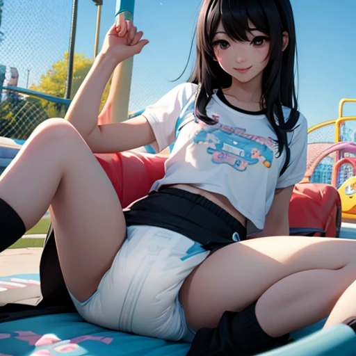 cute kpop girl, pee diaper, wet diaper, tight diaper, smile, long hair, black hair, playground, park, amusement park, realistic, 3d, photorealistic, 3d render, real, detailed