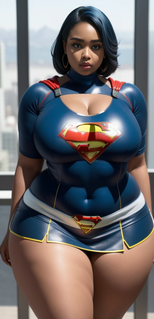 "An ultra-detailed 8k masterpiece of better quality and well-focused high saturation. Image features an outfit illustration featuring a beautiful plus size black woman wearing a super tight and sexy white and blue Supergirl miniskirt costume, incluindo um fundo azul, pernas longas, (corpo todo:1.2), (peitos grandes:1.2)."