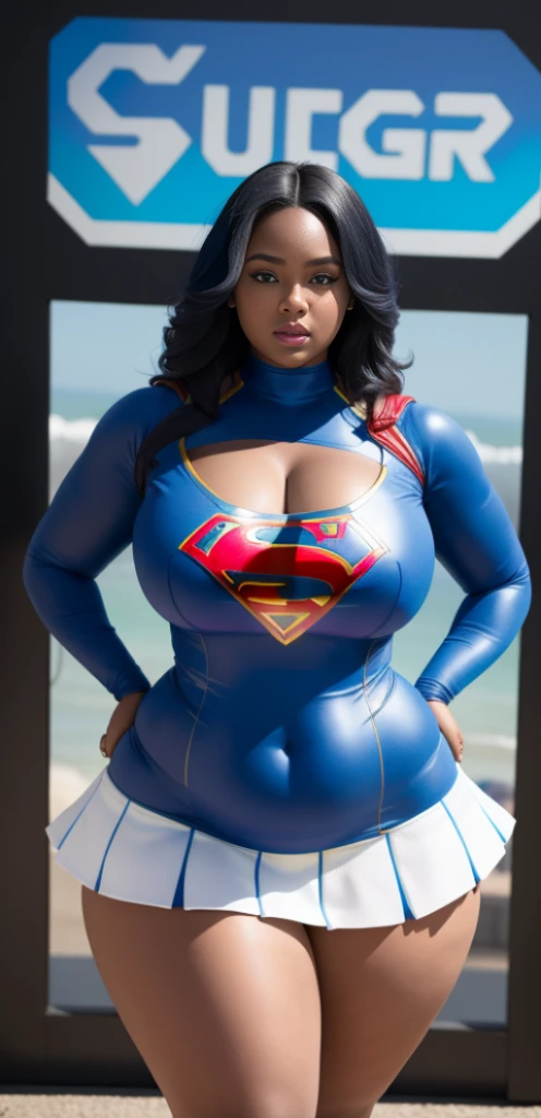 "An ultra-detailed 8k masterpiece of better quality and well-focused high saturation. Image features an outfit illustration featuring a beautiful plus size black woman wearing a super tight and sexy white and blue Supergirl miniskirt costume, incluindo um fundo azul, pernas longas, (corpo todo:1.2), (peitos grandes:1.2)."