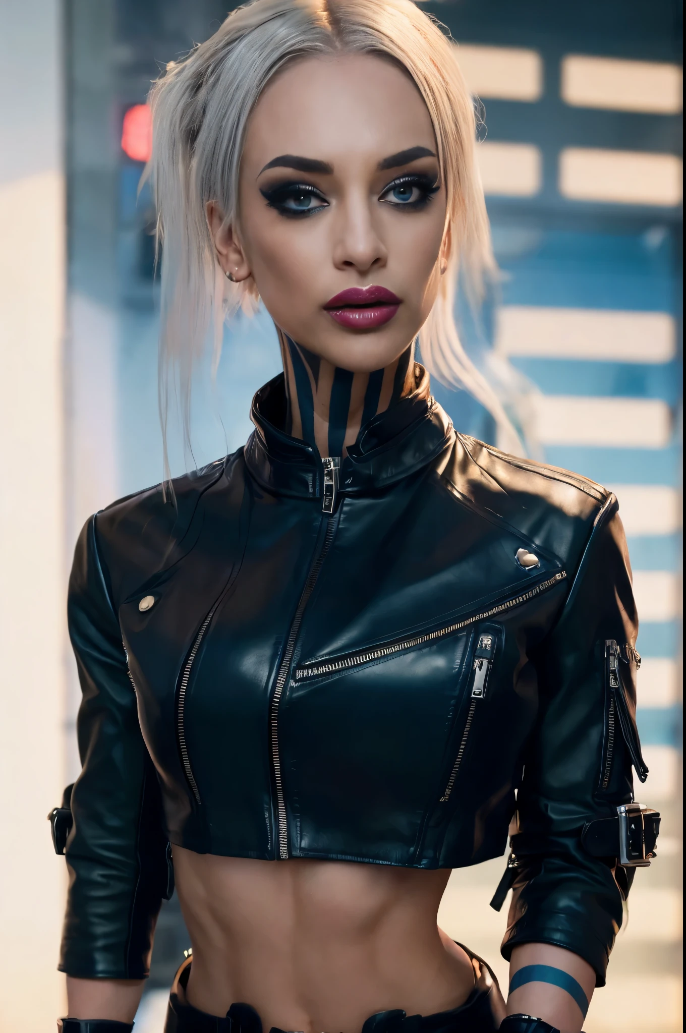 An ultra-realistic CG illustration of katopunk as gothgirl waifu, (((perfect anime eyes, detailed eyes))), solo, piercing gaze and bold makeup, wearing a leather jacket with a crop top, and her hair is styled in a sleek updo.