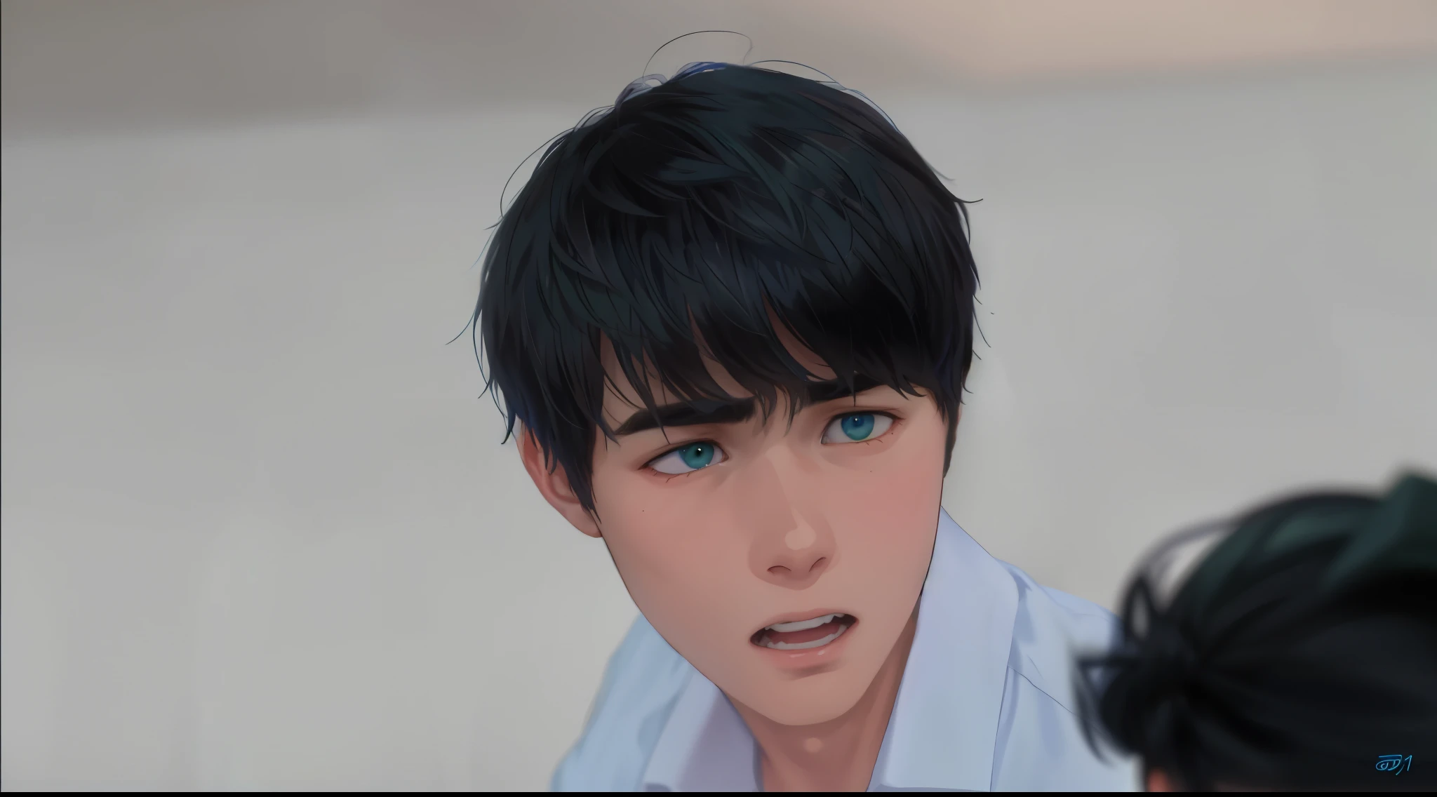 -yeld boith dark green hair and a blue shirt is surprised, scared and looks fearfully at his friend