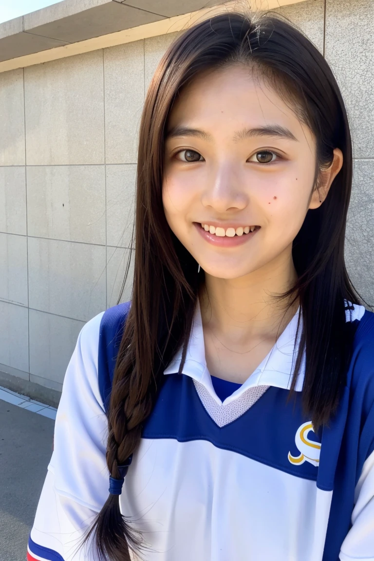 High quality 4K、realistic depiction、professional lighting、Minami Hamabe、17-year-old high school student、beautiful skin、medium hair、black hair、natural makeup、Upper grades、wear a sports jersey、small breasts、smile、Sweaty bare skin、Filmed at school