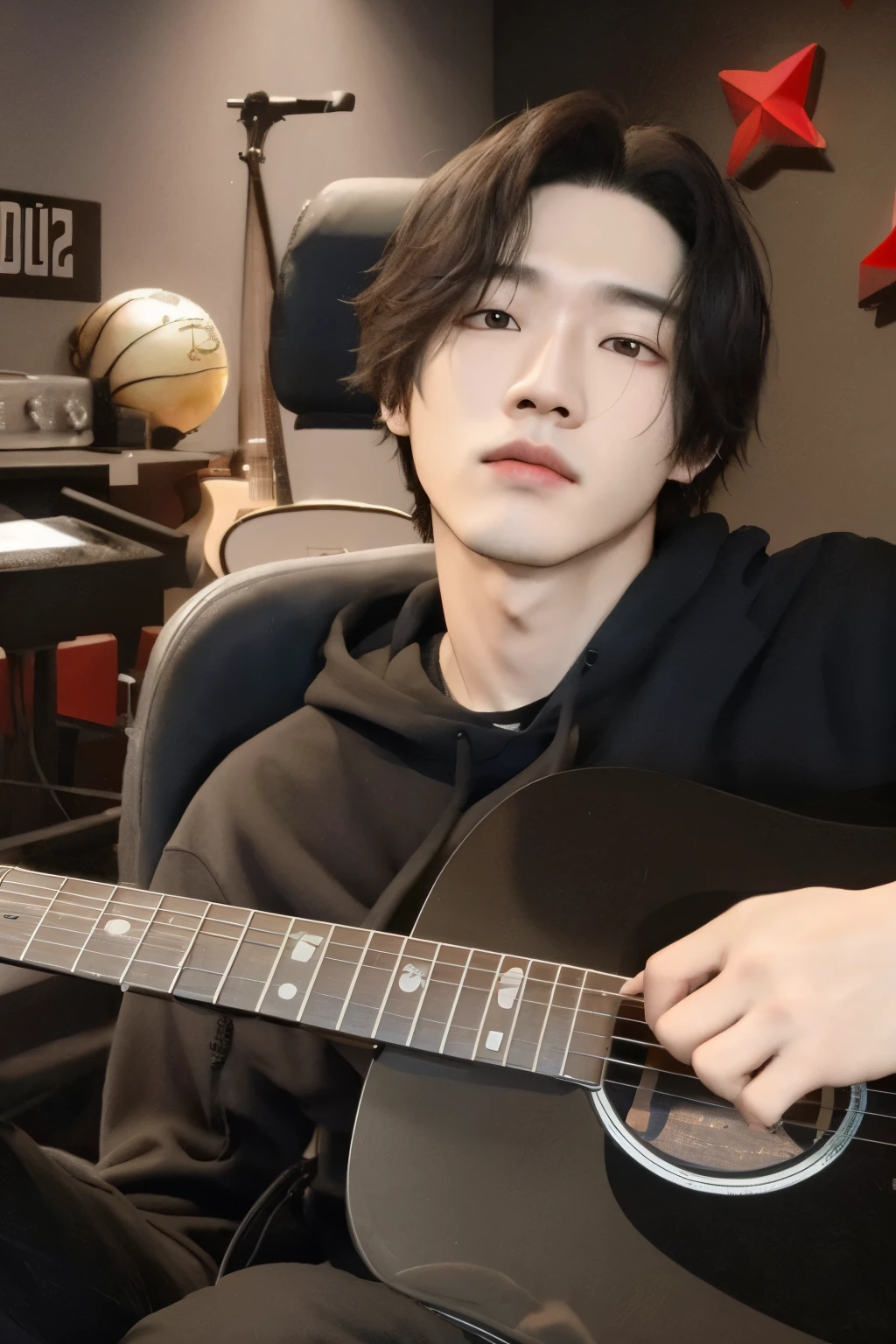there is a man that is playing a guitar in a room, Jung Jaehyun, taejune kim, hyung tae, jaeyeon nam, Jimin, park Jimin, cai xukun, Hong junho hyung, Jinyoung Shin, Kim Doyoung, taken at the beginning of 2020, Retrato de Jossi do Blackpink, Seseon Yoon, Inspirado em Song Maojin