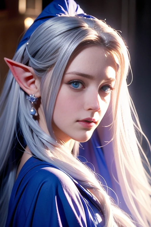 Soft beauty shining,Beautiful elf woman with white hair verylong ,bleu clair Big eyes ,with long ears liké elf, wearing witch clothes ,perfect face