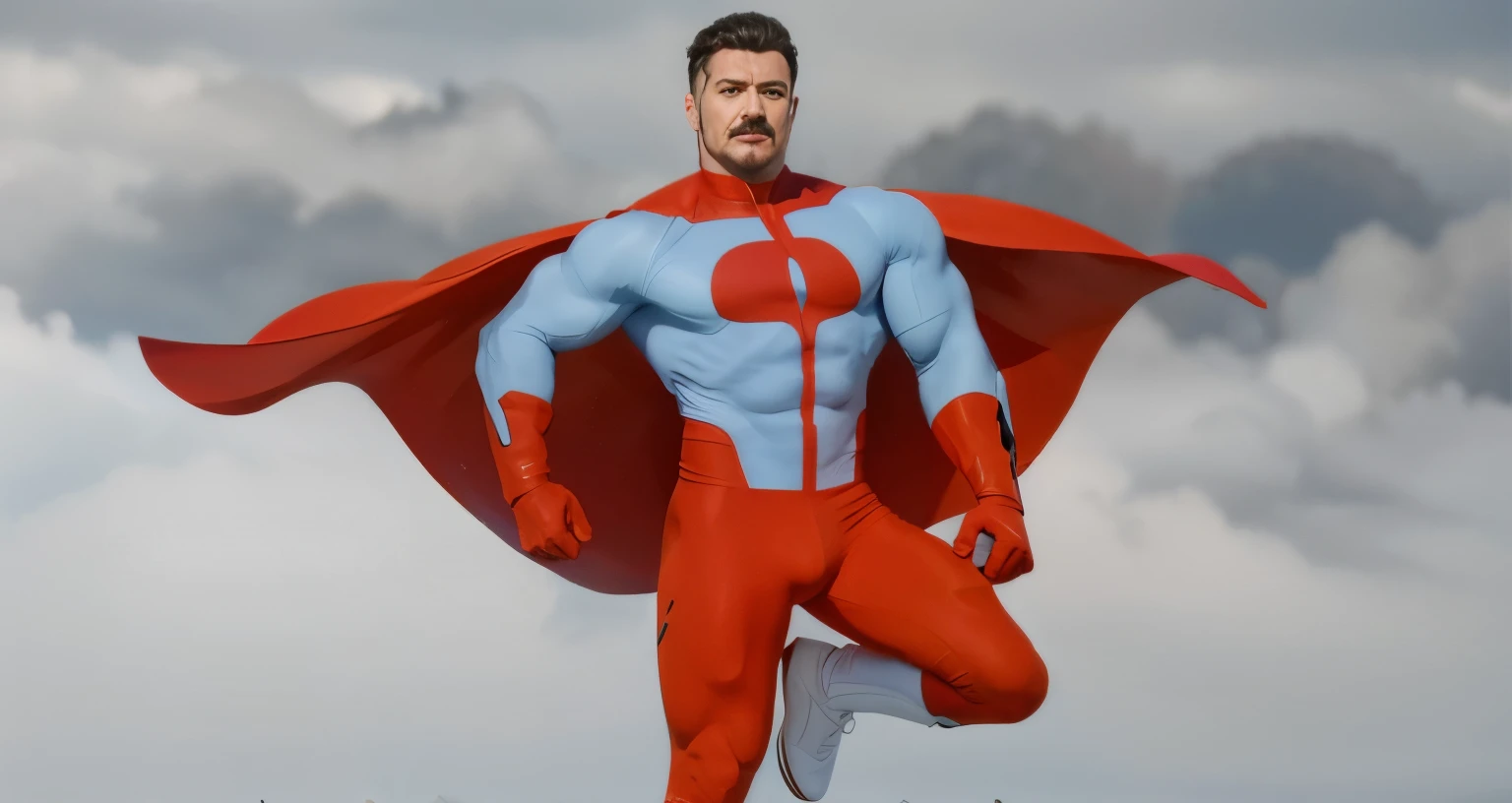 8k, melhor qualidade, imagem real, omni man from invincible, superhero, olhar furioso, detalhes intrincados, ultra-detalhado, ultra high resolution, campo de profundidade, photorealista,realista:1.2),obra de arte, foto de omniman, wearing a white and red mesh, hero, olhos azuis, Cabelo preto e grisalho nas laterais, bigode grosso, rosto musculoso e jovem, traje branco e vermelho, sol, blue sky best quality, realista, photorealista, (detalhes intrincados:1.2), (delicado detalhado), (cinematic light), linha clara, sharp focus, realista face, Rosto detalhado 8K papel de parede, ultra high resolution, (photorealista:1.4), olhando para o espectador
