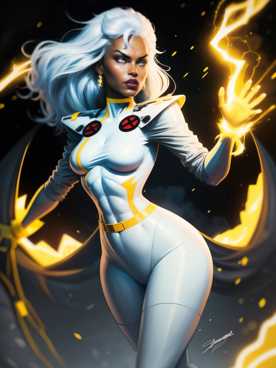 ((A comic style, cartoon art))). Storms wearing her signature outfit. 1 girl, solo, lonly, African girl, has white hair, white eyes, wears a classic X-Men Storm uniform with a cape, in dynamic epic hero pose. fire blasts of concentrated plasma energy from your hands (((slim Hot Body, camel toes))), which appears to be pulsing with power. ((cinematic thunder background)) , vivid colors, detailed, detailed face, realistic shadows and bright, glowing.
