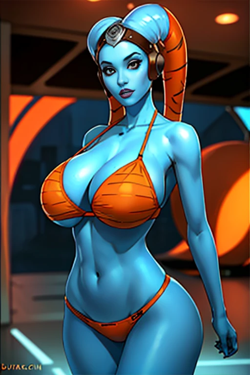 1girl, huge tits Twi'lek, busty, masterpiece, best quality, highly detailed, award winning, high definition, ((blue skin), twi'lek), ((orange bikini))), panties), ((busty), slender body, thin, slim sexy body, slim waist, (((huge , huge breasts)))), Imperial starship, Star Wars, futuristic club, sexy big tits