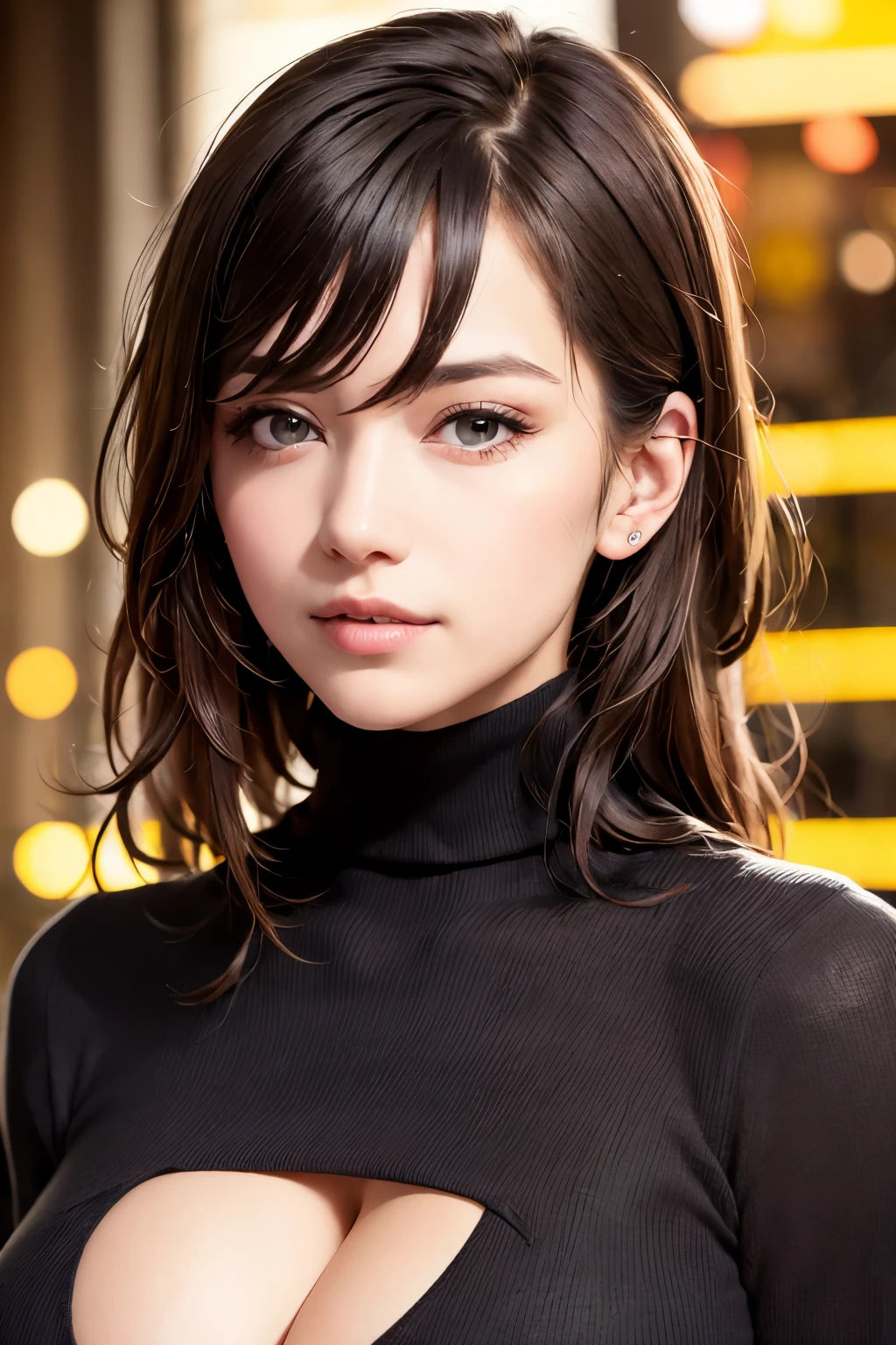 high-definition images, atmospheric perspective, 8k, super detail, accurate, best quality, a woman, ((hairstyles for various ages, closeup her hair)), drooping eyes, in the city, busy, skyscrapers, lounge with large windows, windows have harbor view, 