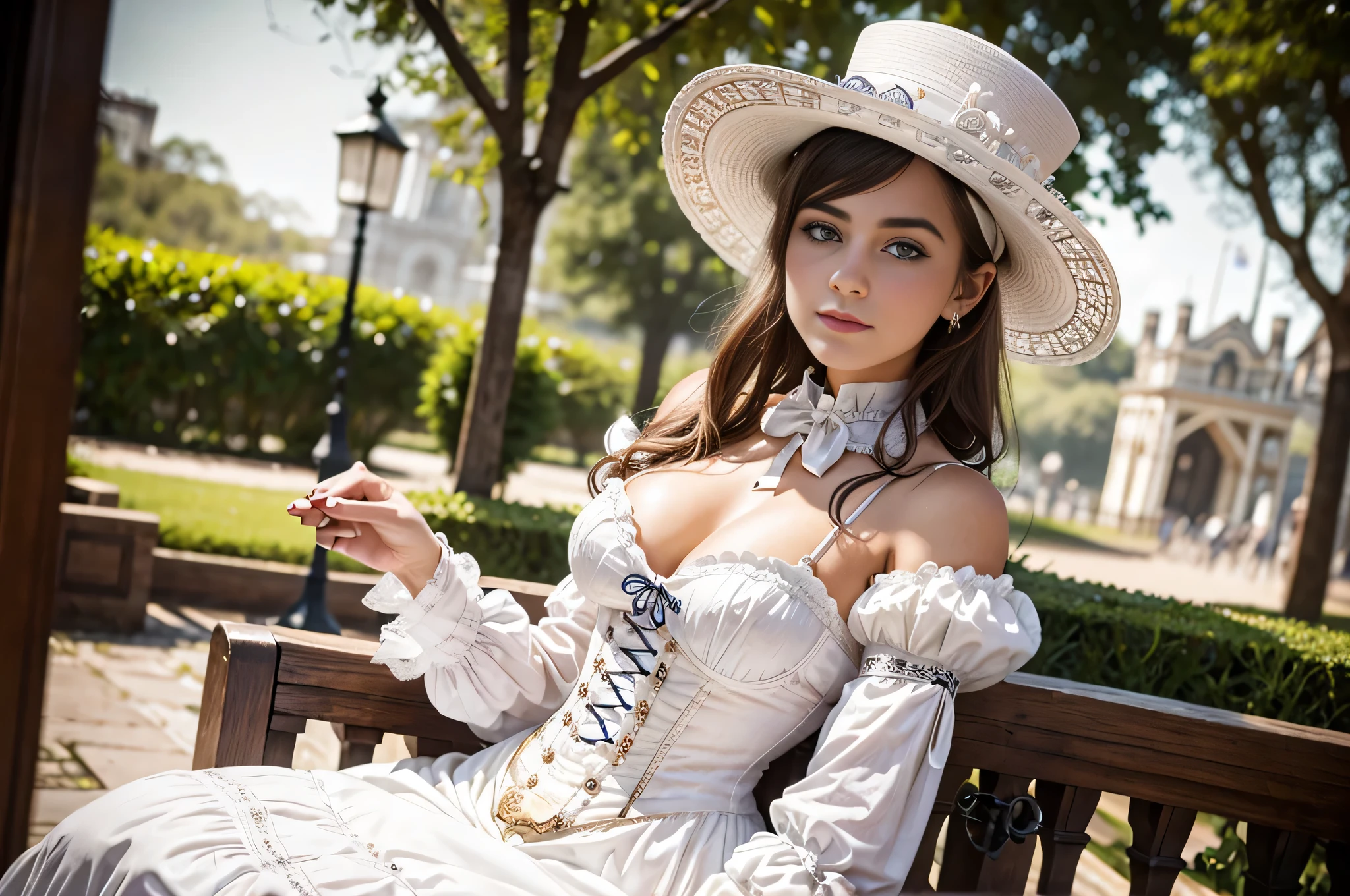 All intricate details: "(21 year old woman in white Victorian hat: de Copa Steampunk)"