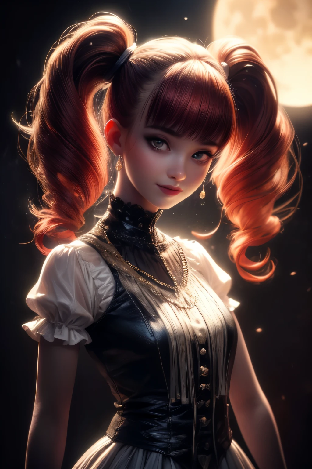 (dark:1.4), deep shadow, darkness, (moonlight), award winning photo, extremely detailed, amazing, fine detail, absurdres, upper body shot, highly detailed woman, extremely detailed eyes and grinning face, piercing hazel eyes, detailed clothes, skinny, (gothic), twintails, bangs, frills, skirt,red hair, by lee jeffries nikon d850 film stock photograph 4 kodak portra 400 camera f1.6 lens rich colors hyper realistic lifelike texture dramatic lighting unrealengine trending on artstation cinestill 800 tungsten, Style-Neeko made out of ral-bling