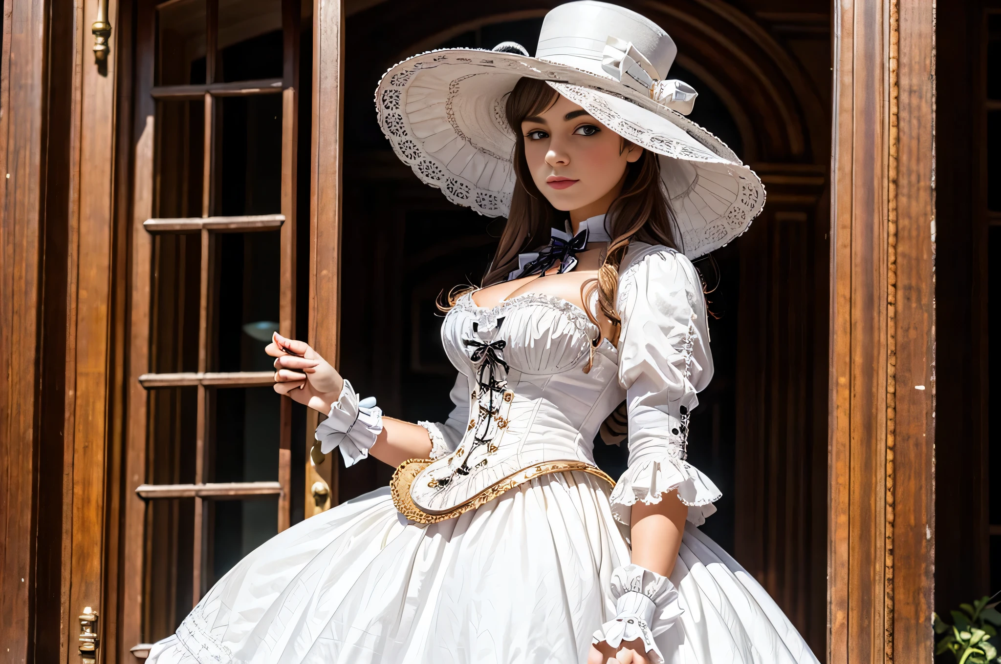 All intricate details: "(21 year old woman in white Victorian hat: de Copa Steampunk)"