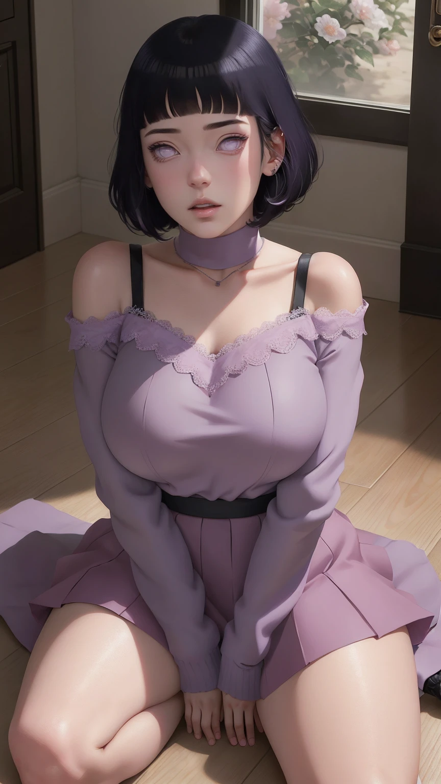 (masterpiece) (huge titusty, masterpiece, absurdres, hinata\(boruto\), 1girl, solo,mature female, off-shoulder bra, high waist short skirt, looking at viewelling petals), perfect composition, detailed lips, big breast, beautiful face, body propotion, blush, (pink lips), short hair, (black hair), purple eyes, soft gaze, super realistic, detailed, photoshoot, realistic face and body, closed mouth, , lilac eyes, full body, lace clothes, sittingon the floor with black shoes