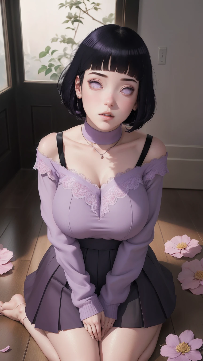 (masterpiece) (huge titusty, masterpiece, absurdres, hinata\(boruto\), 1girl, solo,mature female, off-shoulder bra, high waist short skirt, looking at viewelling petals), perfect composition, detailed lips, big breast, beautiful face, body propotion, blush, (pink lips), short hair, (black hair), purple eyes, soft gaze, super realistic, detailed, photoshoot, realistic face and body, closed mouth, , lilac eyes, full body, lace clothes, sittingon the floor with black shoes