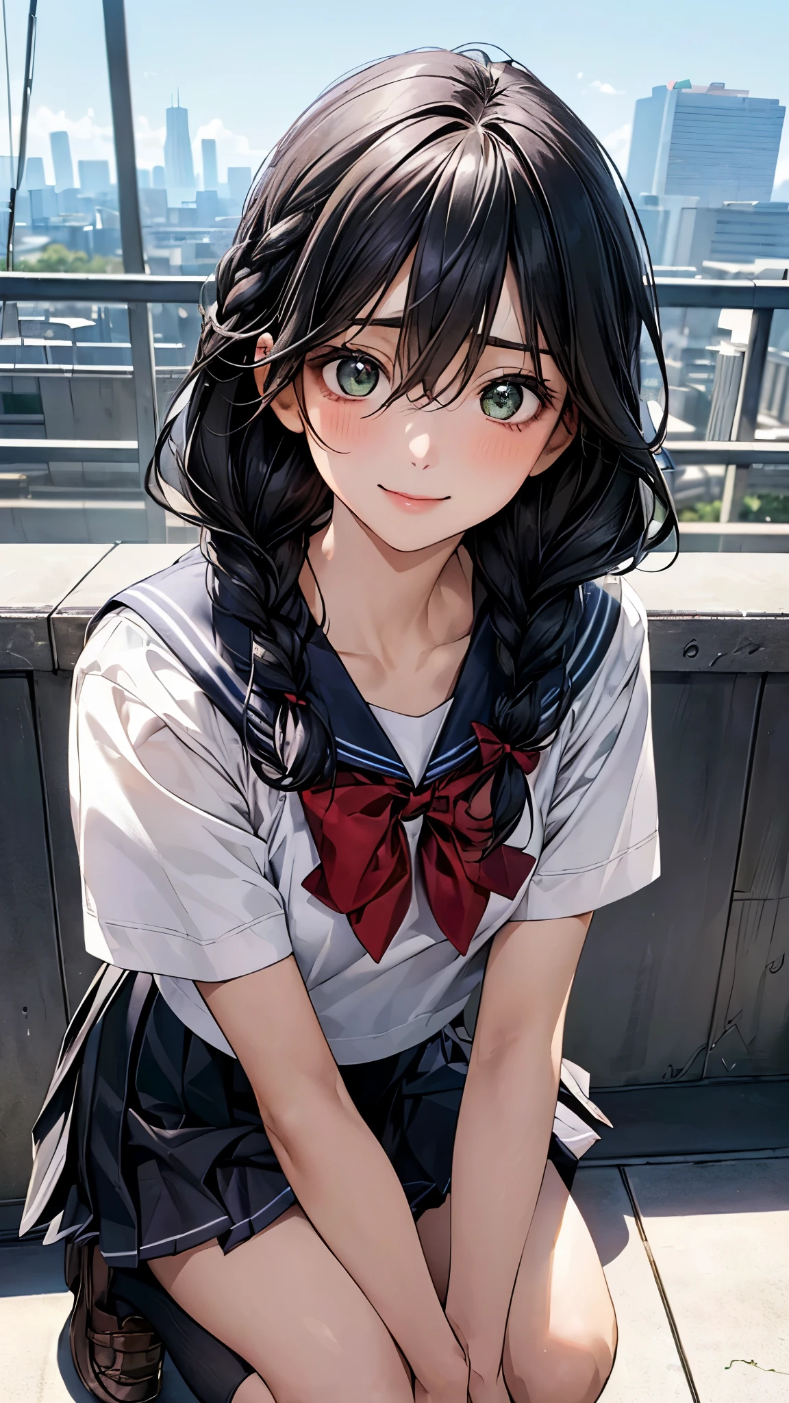 (masterpiece:1.2, top-quality), (realistic, photorealistic:1.4), beautiful illustration, (natural side lighting, movie lighting), nsfw,
looking at viewer, panty shot, front view:0.6, 1 girl, japanese, high school girl, perfect face, cute and symmetrical face, shiny skin,
(middle hair:1.4, twin braids:1.2, black hair), hair between eyes:1.4, hair over one eye, big eyes, emerald green eyes, drooping eyes, long eye lasher, (large breasts:0.6),
beautiful hair, beautiful face, beautiful detailed eyes, beautiful clavicle, beautiful body, beautiful chest, beautiful thighs, beautiful legs,
((symmetrical clothing, detailed cloth texture, short sleeves cute sailor suit, pleated skirt, red bow tie)), black socks, hair tie,
(beautiful scenery), morning, school rooftop, squatting, (lovely smile, upper eyes),