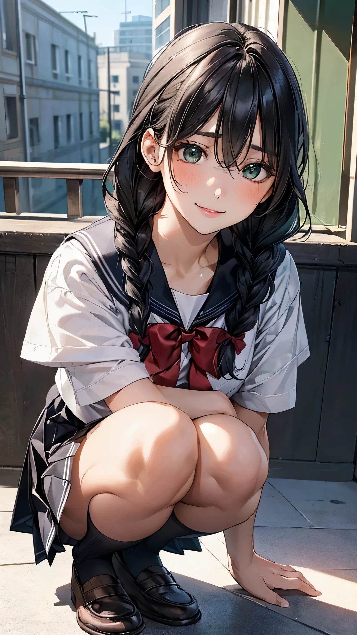 (masterpiece:1.2, top-quality), (realistic, photorealistic:1.4), beautiful illustration, (natural side lighting, movie lighting), nsfw,
looking at viewer, panty shot, front view:0.6, 1 girl, japanese, high school girl, perfect face, cute and symmetrical face, shiny skin,
(middle hair:1.4, twin braids:1.2, black hair), hair between eyes:1.4, hair over one eye, big eyes, emerald green eyes, drooping eyes, long eye lasher, (large breasts:0.6),
beautiful hair, beautiful face, beautiful detailed eyes, beautiful clavicle, beautiful body, beautiful chest, beautiful thighs, beautiful legs,
((symmetrical clothing, detailed cloth texture, short sleeves cute sailor suit, pleated skirt, red bow tie)), black socks, hair tie,
(beautiful scenery), morning, school rooftop, squatting, (lovely smile, upper eyes),