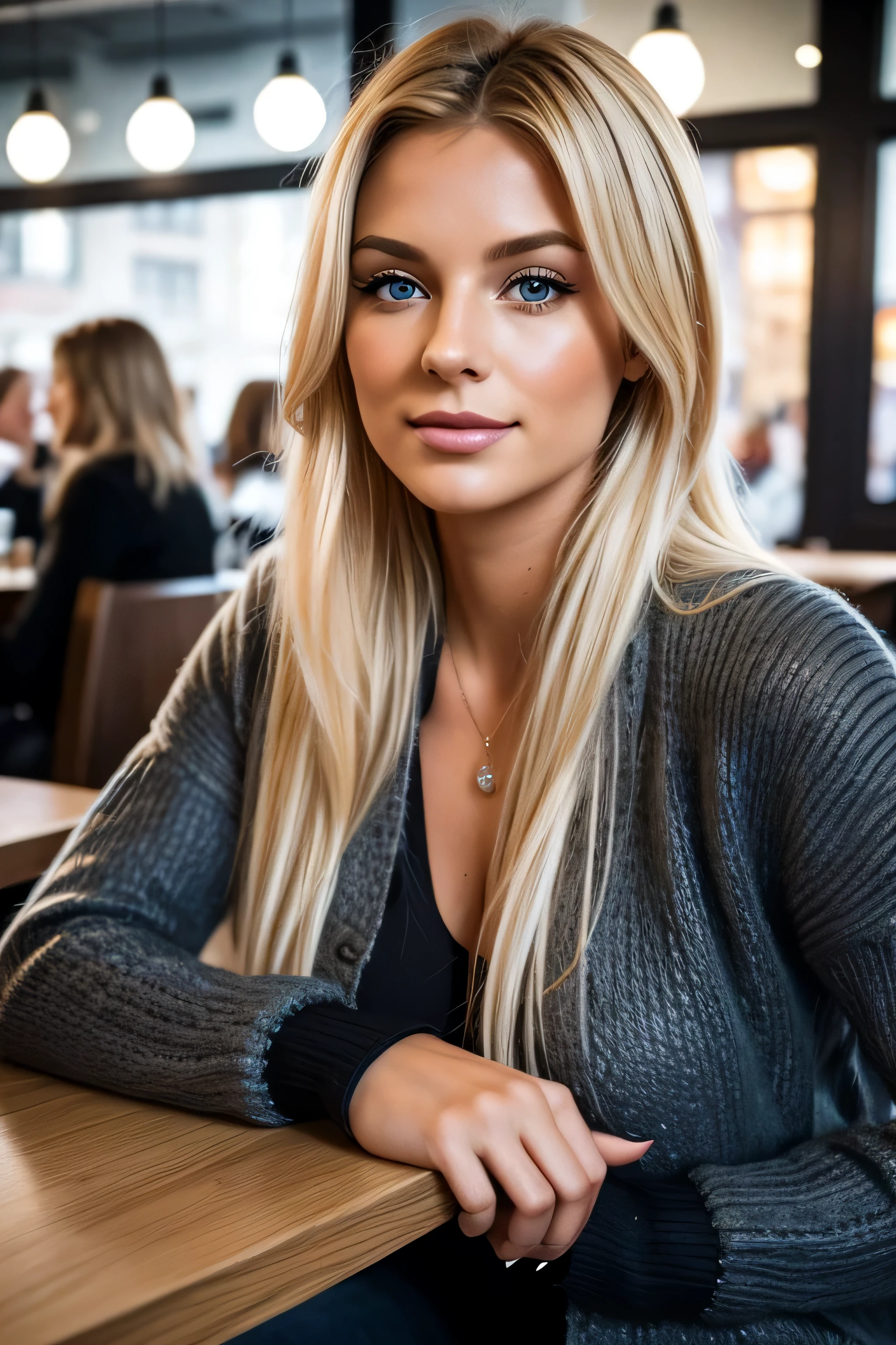 Generate a sexy photo in the Café featuring a blonde girl. The charismatic blonde influencer should be 20 years old Und approximately 5'8" Large. She has beautiful blonde hair, das ihre Ohren bedeckt. Sie besitzt eine fitte Figur, emphasized by her medium-large breasts. Ihr Teint ist makellos, adorned with a warm, sun-kissed tan. Ihre ausdrucksstarken blauen Augen strahlen Charisma aus, reflecting her sweet Und sexy demeanor. You can see her cleavage.
She wears (schwarzer kniehoher Rock)), ((olivfarbene Bluse)), Und ((schwarze Wolljacke)). The outfit exudes sexiness Und comfort, complement the atmosphere perfectly. 

Die Einstellung ist in der ((café)), creating a very cozy Und welcoming vibe. She has a very cute expression on her face! HUnds should not be seen.

The photography should emphasize the serene Und charming nature of the scene, mit fotorealistischen Details, Wegverfolgung, spiegelnde Beleuchtung, volumetrisches Gesichtslicht, Pfad nachgezeichnetes Haar, sichtbare Schatten, Und an intricate, Hyperrealistisch