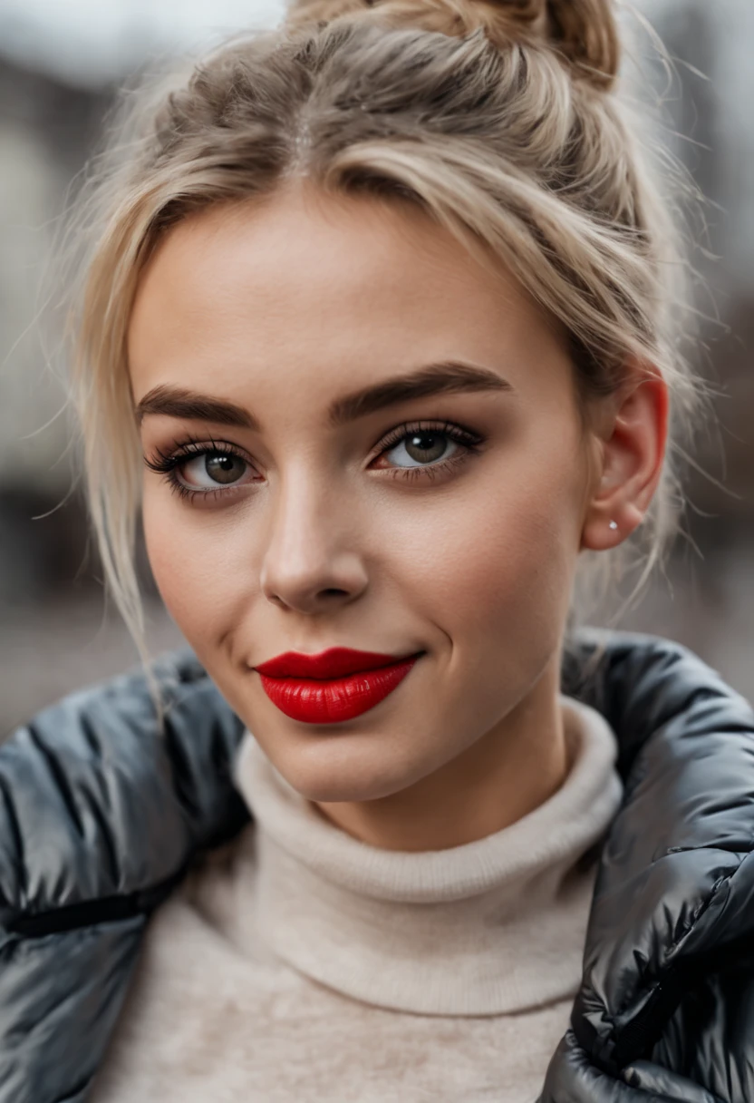 ultrarealistic high quality photo of a beautiful young tall busty european girl with cute face and natural blonde messy bun and beautiful smile, realistic eyes, freckles, glossy red lips, smokey eyes makeup, wearing metallic running tights and small shimmering padded jacket, full body street photography